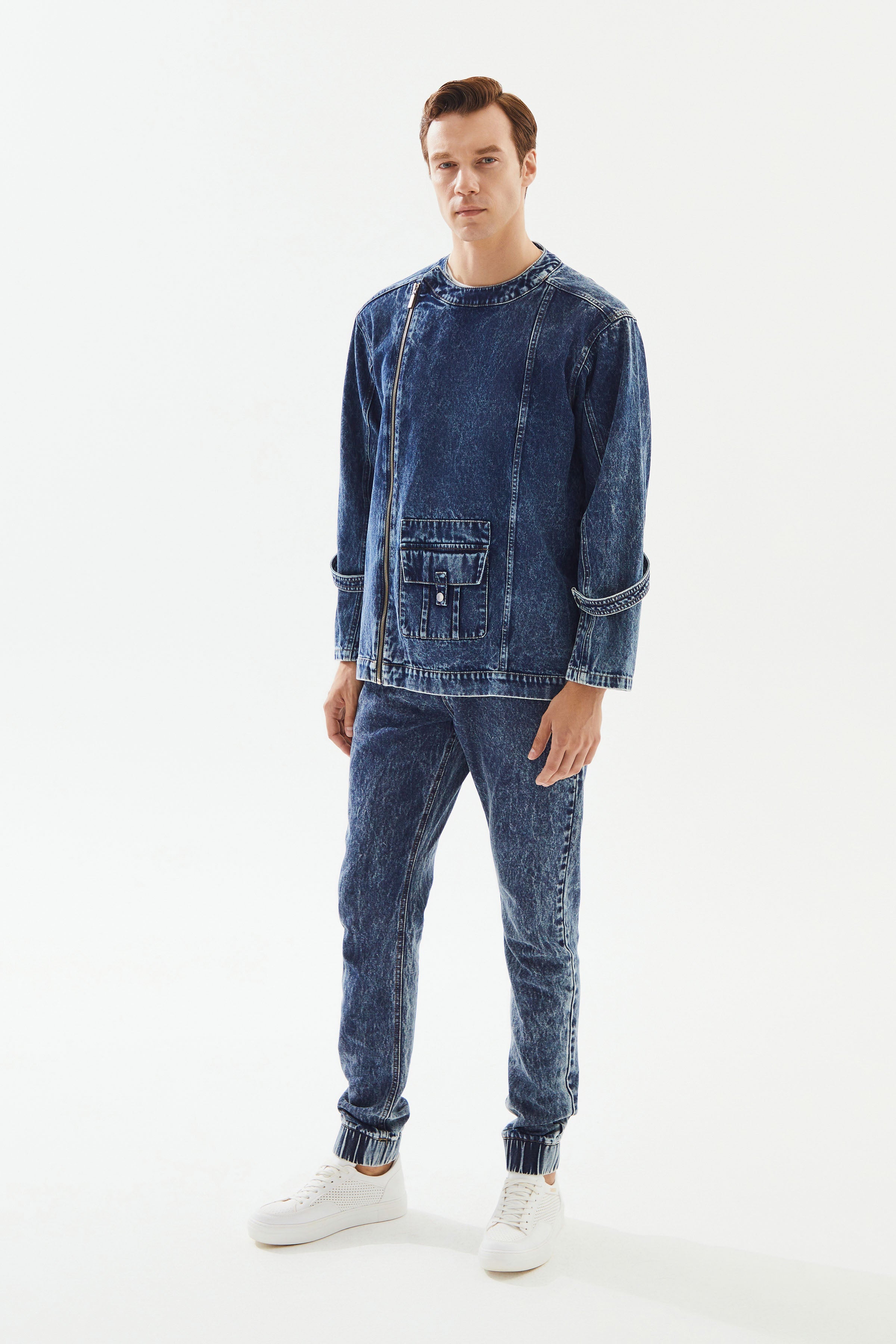 Erkek Bisiklet Yakalı Yan Fermuarlı Denim Ceket