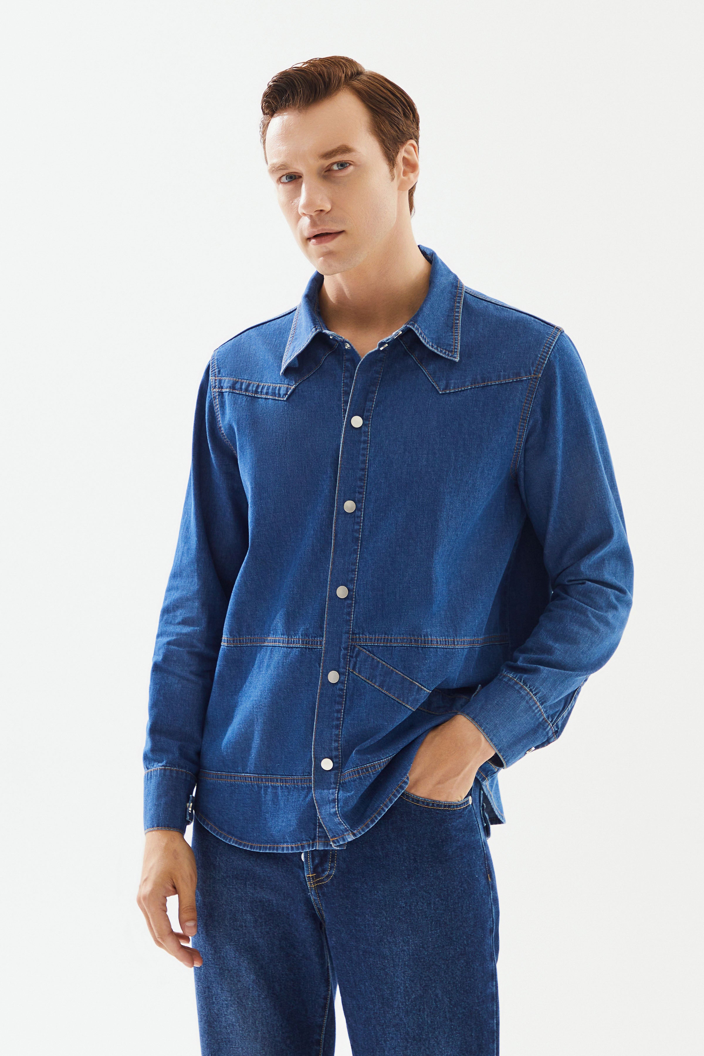 Erkek Koyu Mavi Şerit Detaylı Denim Gömlek