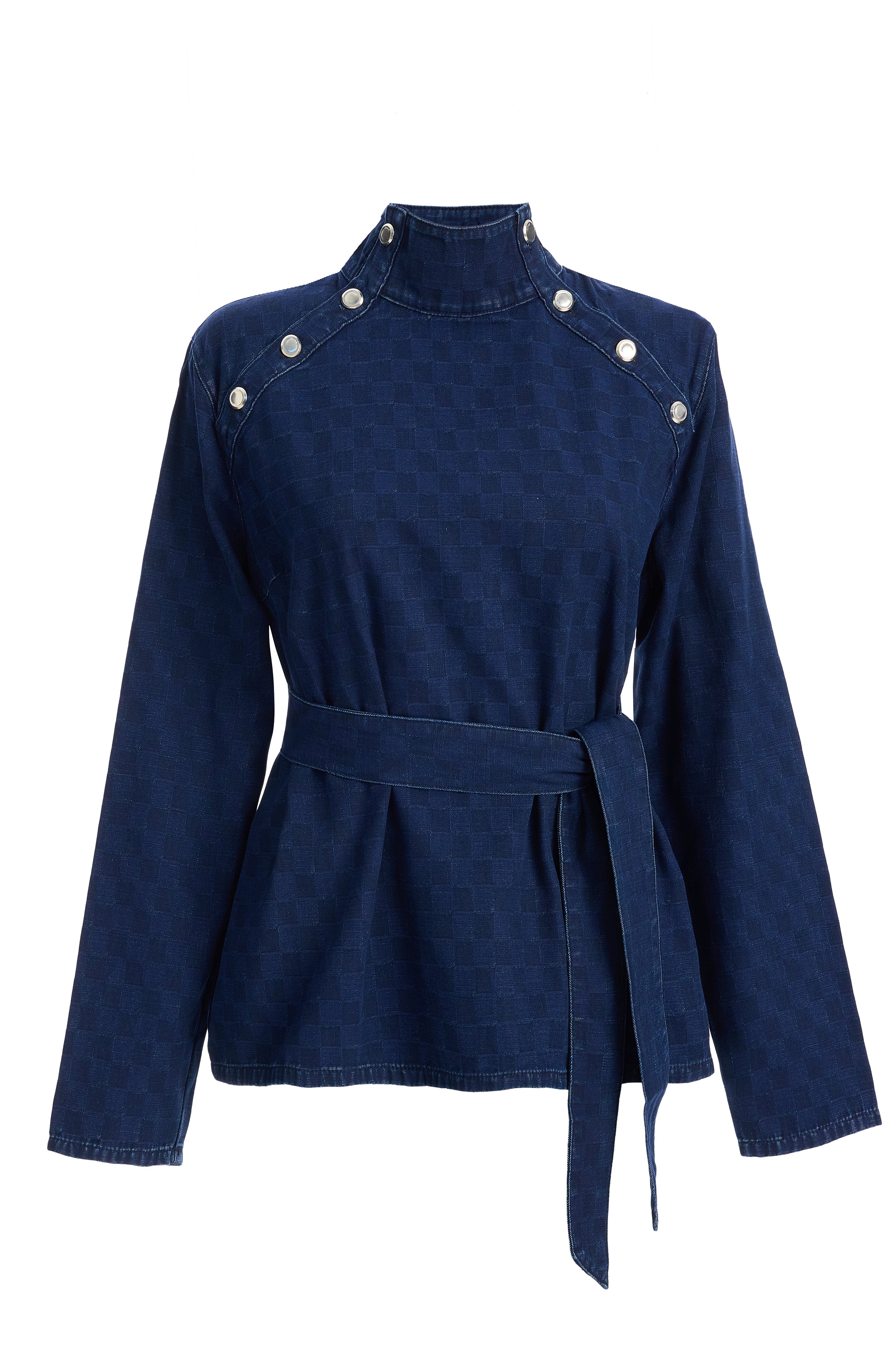 Women's Turtleneck Checkered Denim Blouse