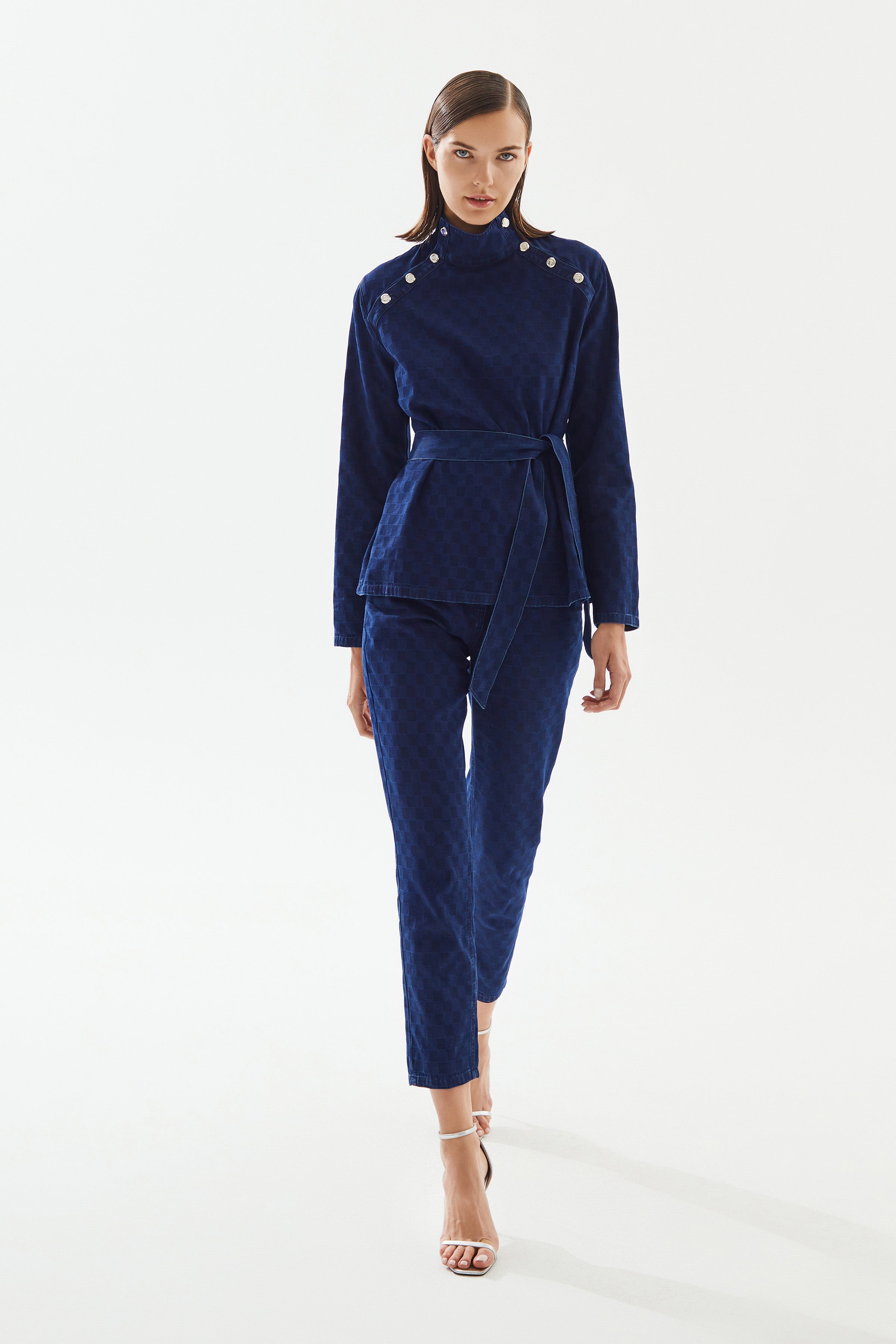 Women's Turtleneck Checkered Denim Blouse
