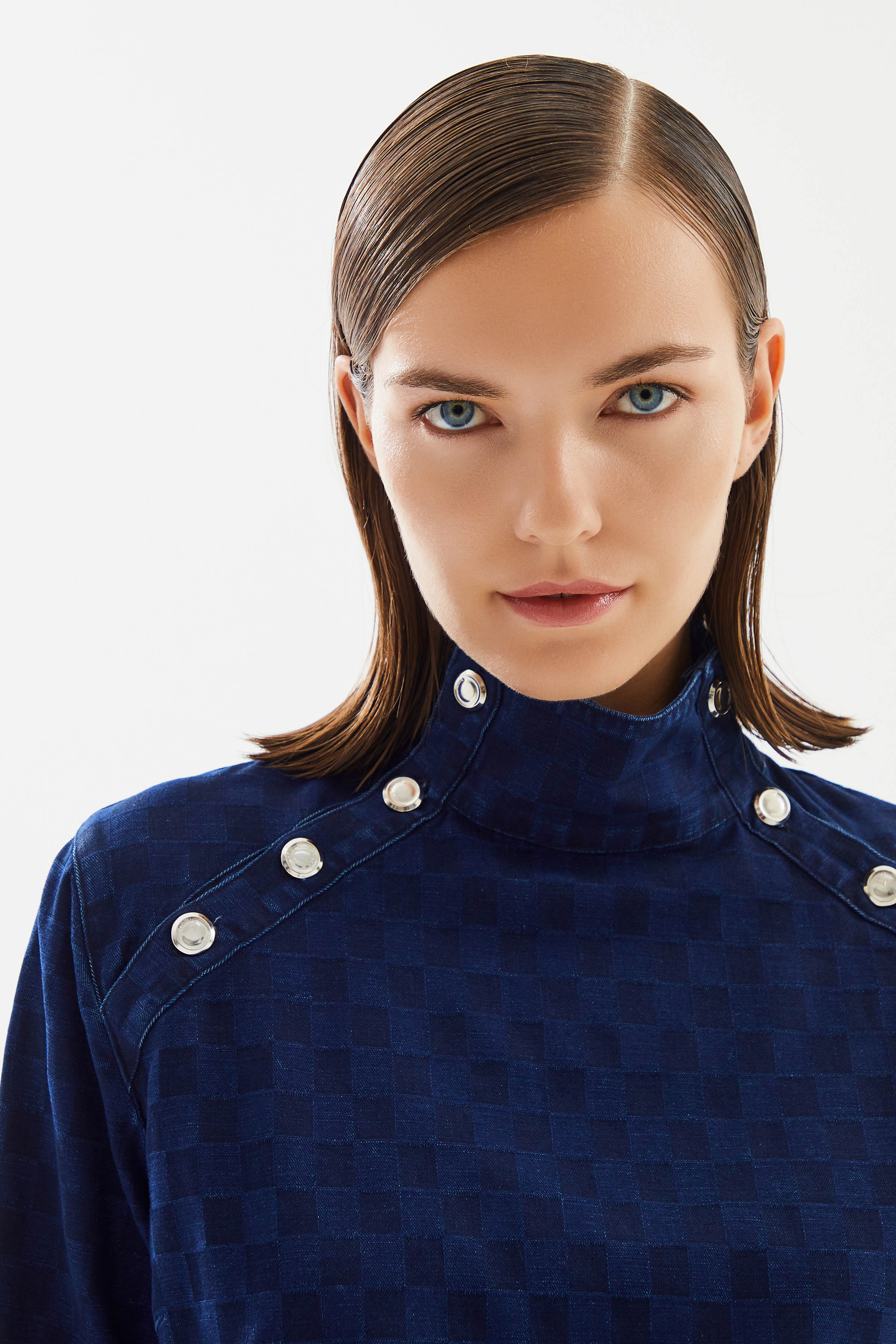 Women's Turtleneck Checkered Denim Blouse