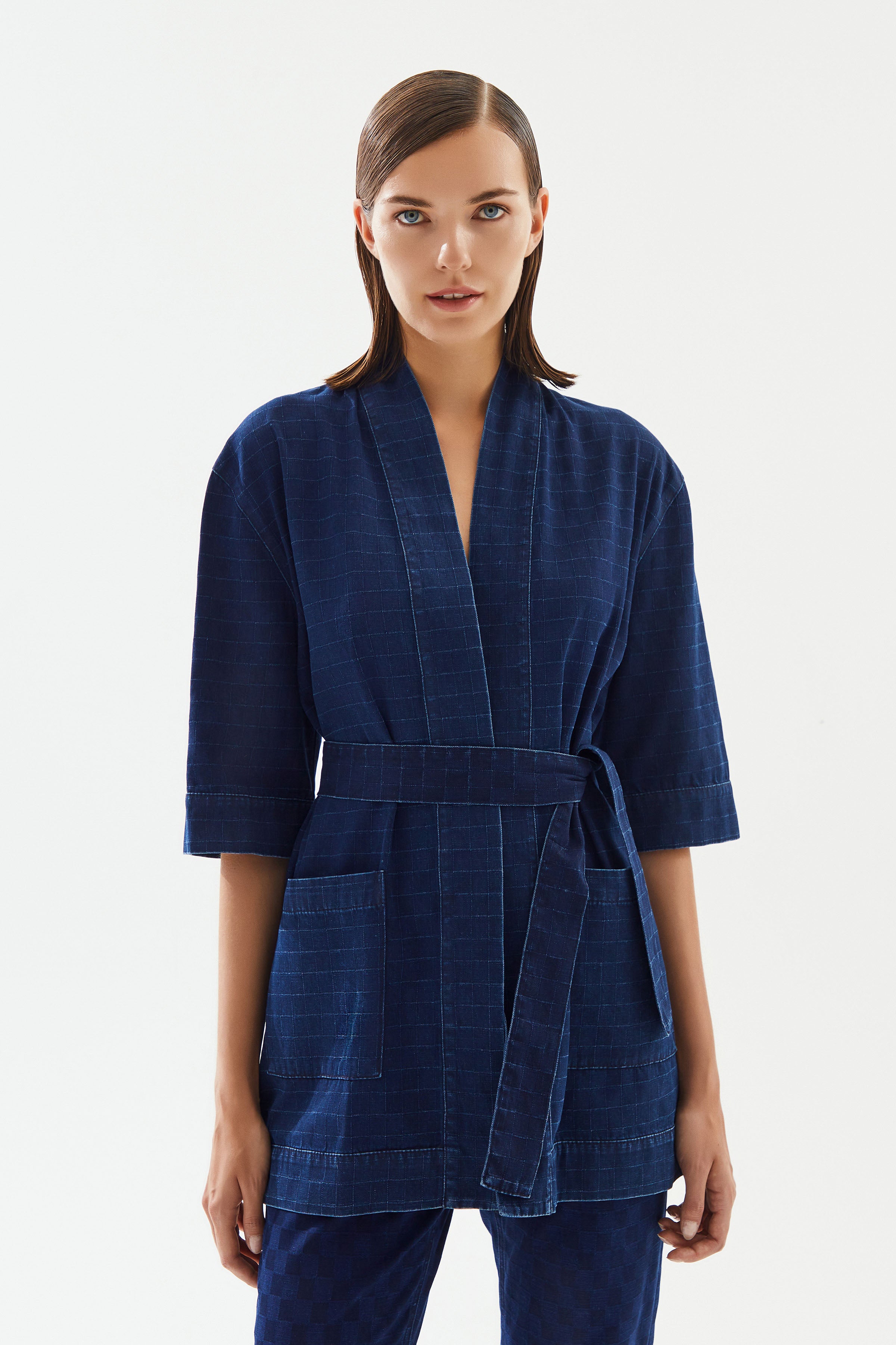 Kadın Damalı Denim Kimono