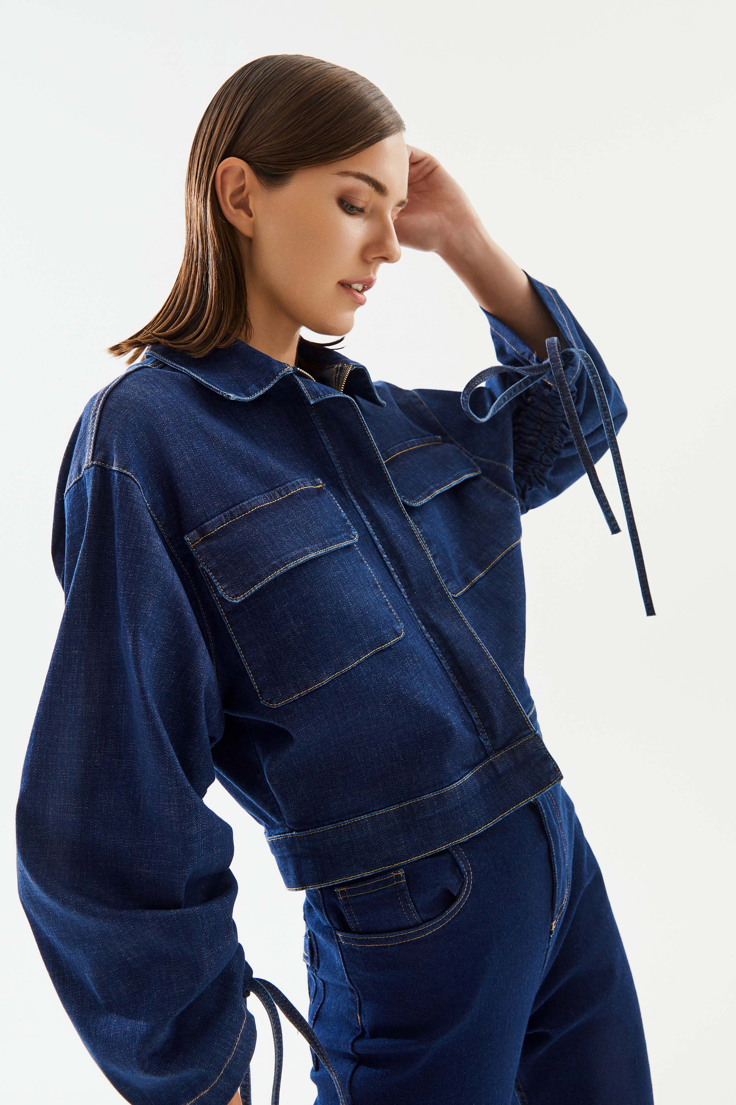 Women's Short Denim Jacket with Drawstring Sleeves