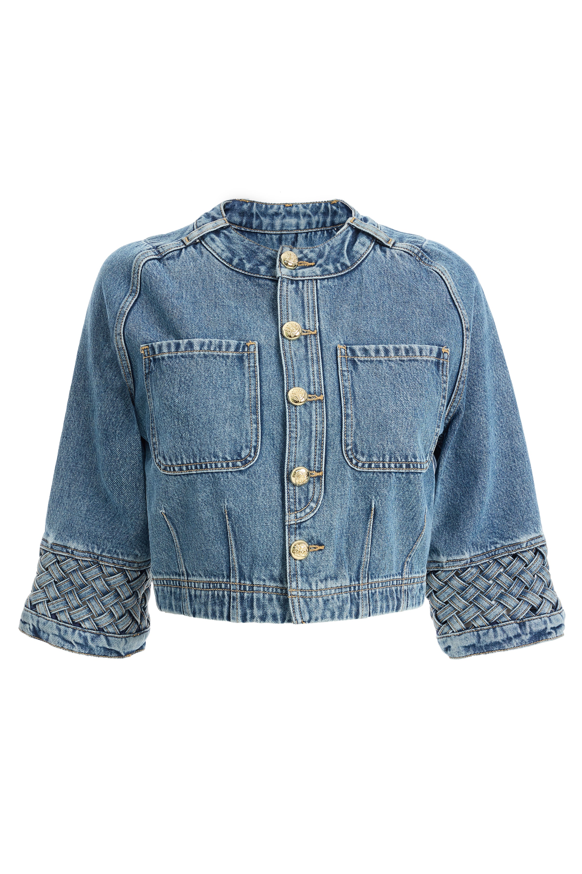 Kadın Örme Detaylı Bisiklet Yaka Kısa Denim Ceket