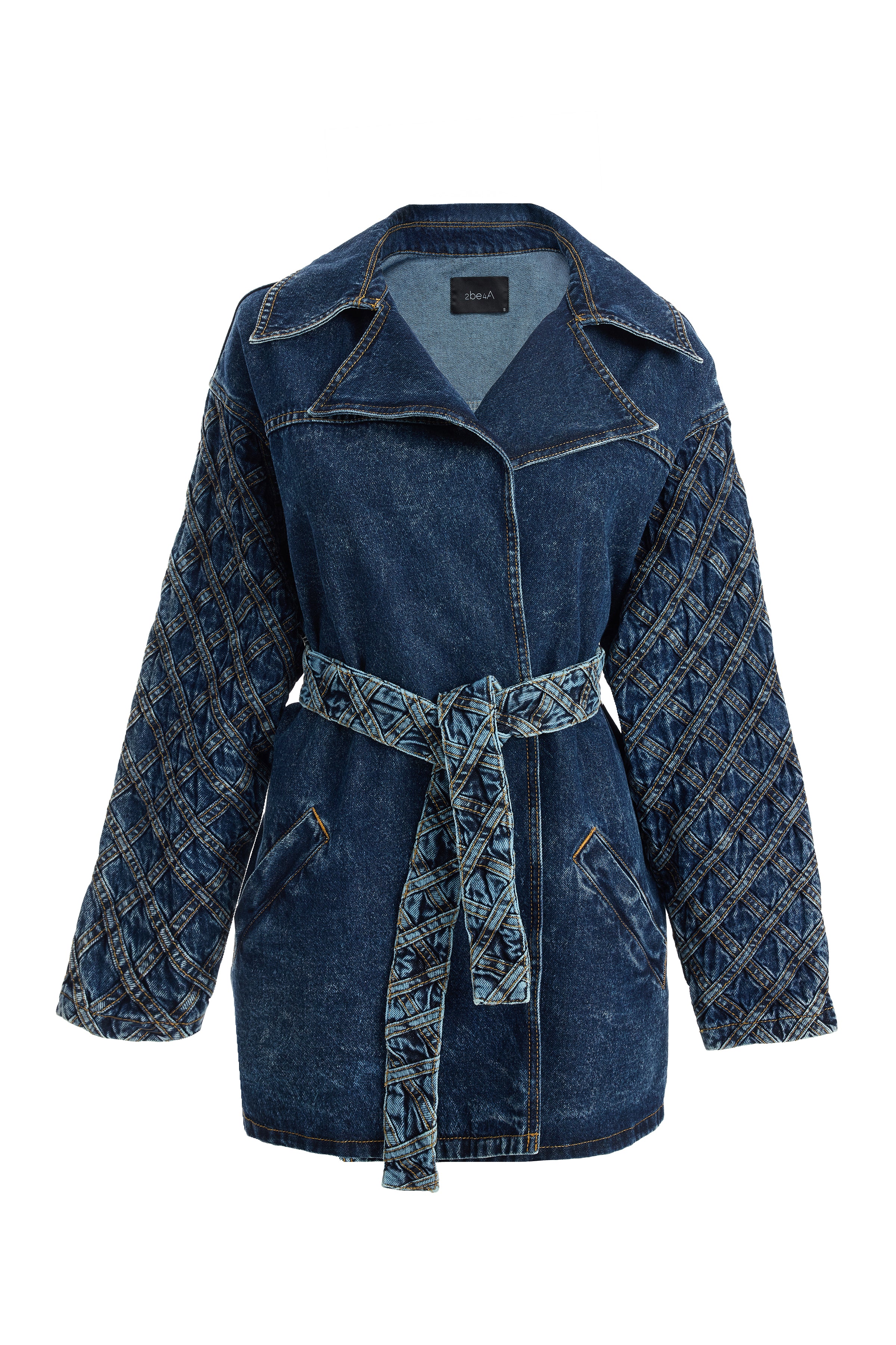 Kadın Şerit Desenli Kemerli Denim Ceket