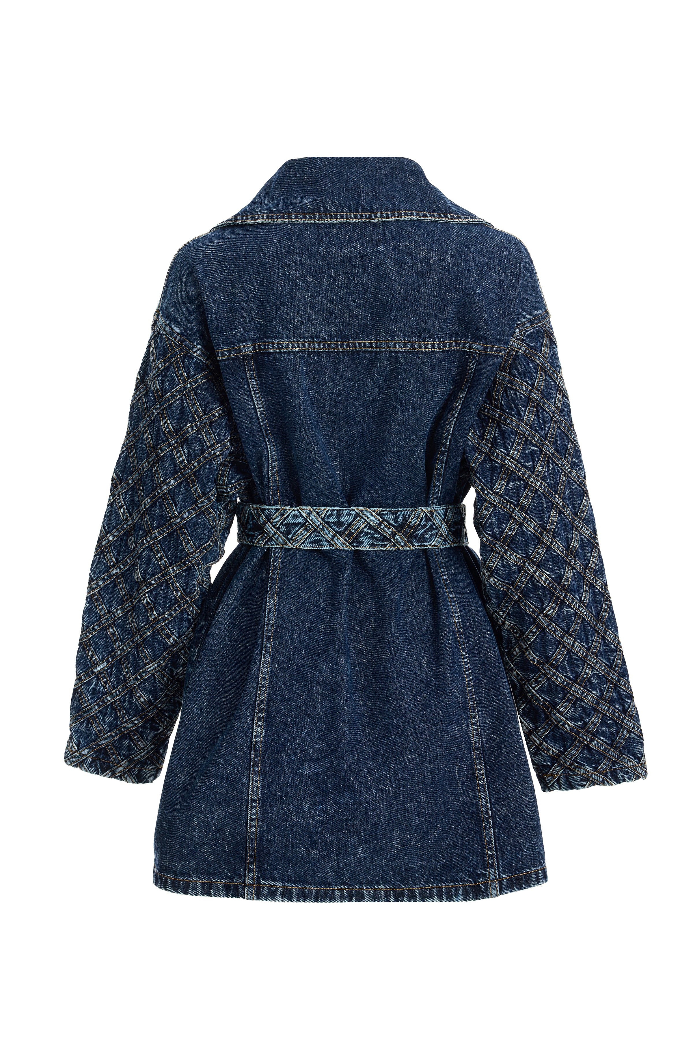 Kadın Şerit Desenli Kemerli Denim Ceket