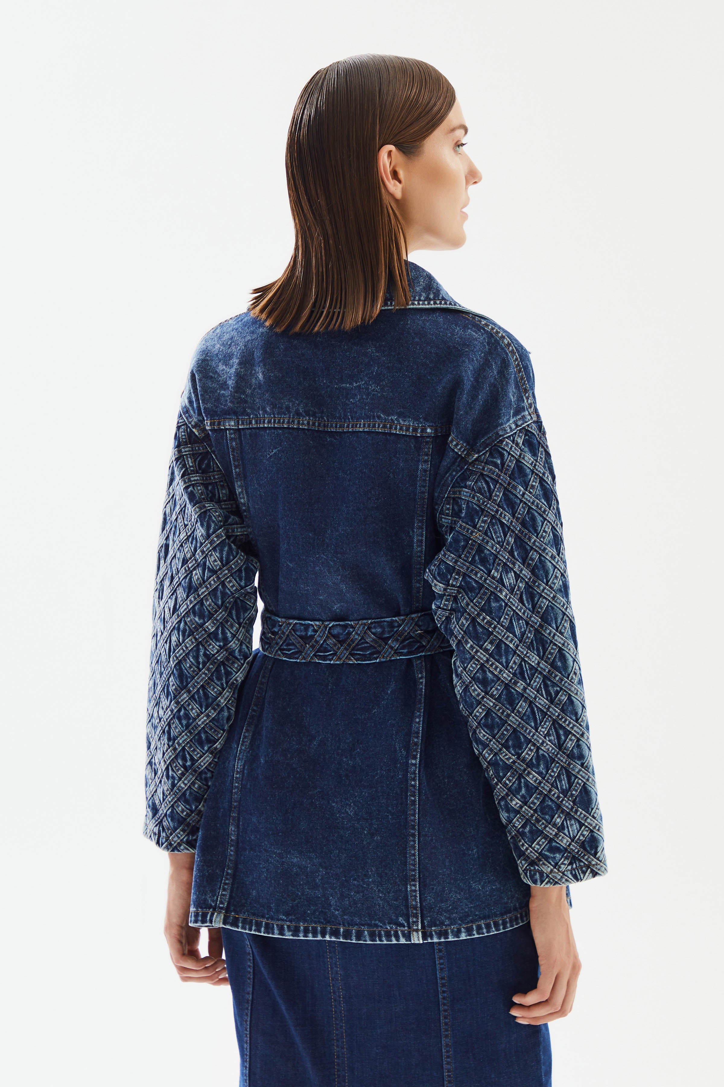 Kadın Şerit Desenli Kemerli Denim Ceket