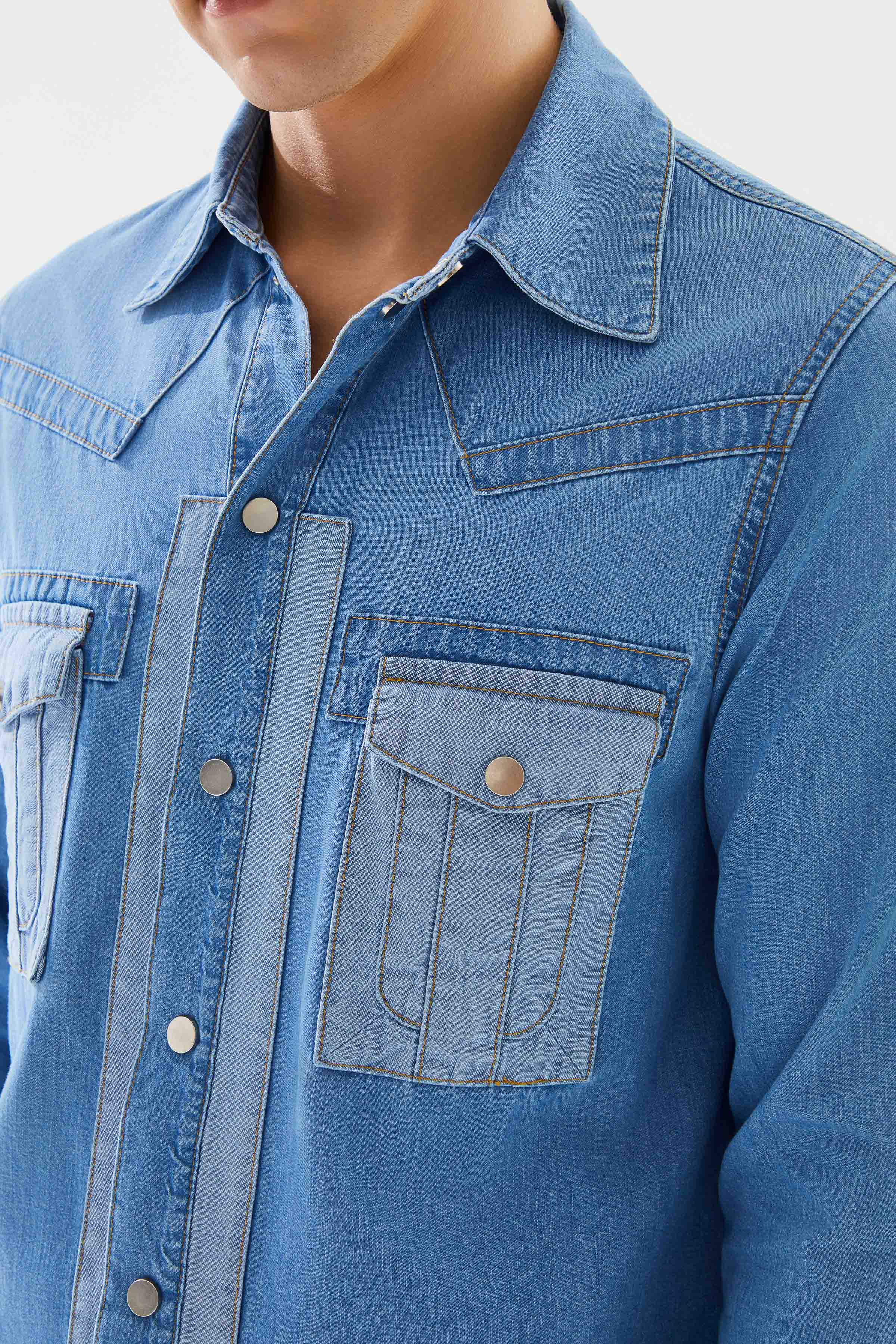 Men's Light Blue Pocket Denim Shirt