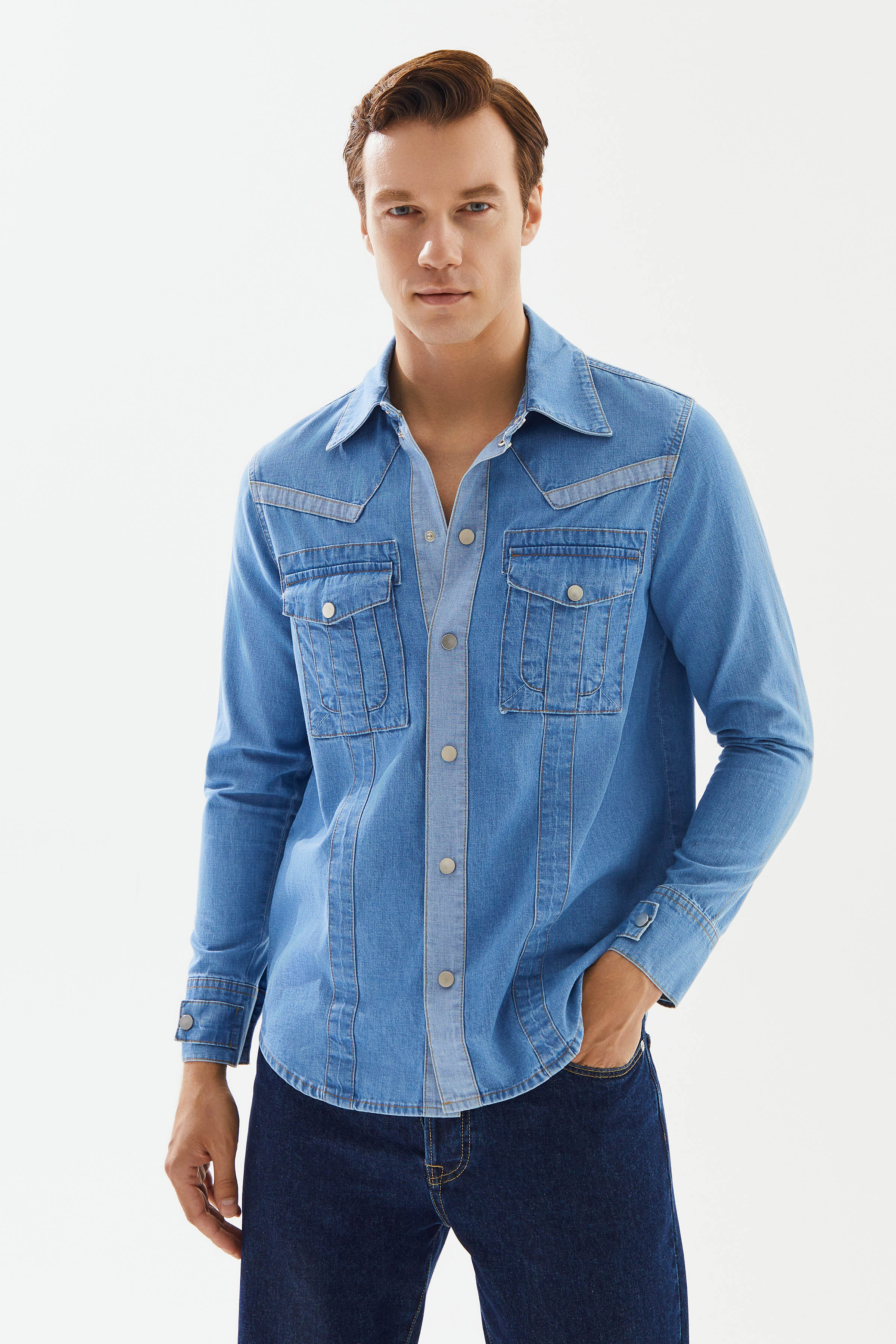 Men's Light Blue Pocket Denim Shirt