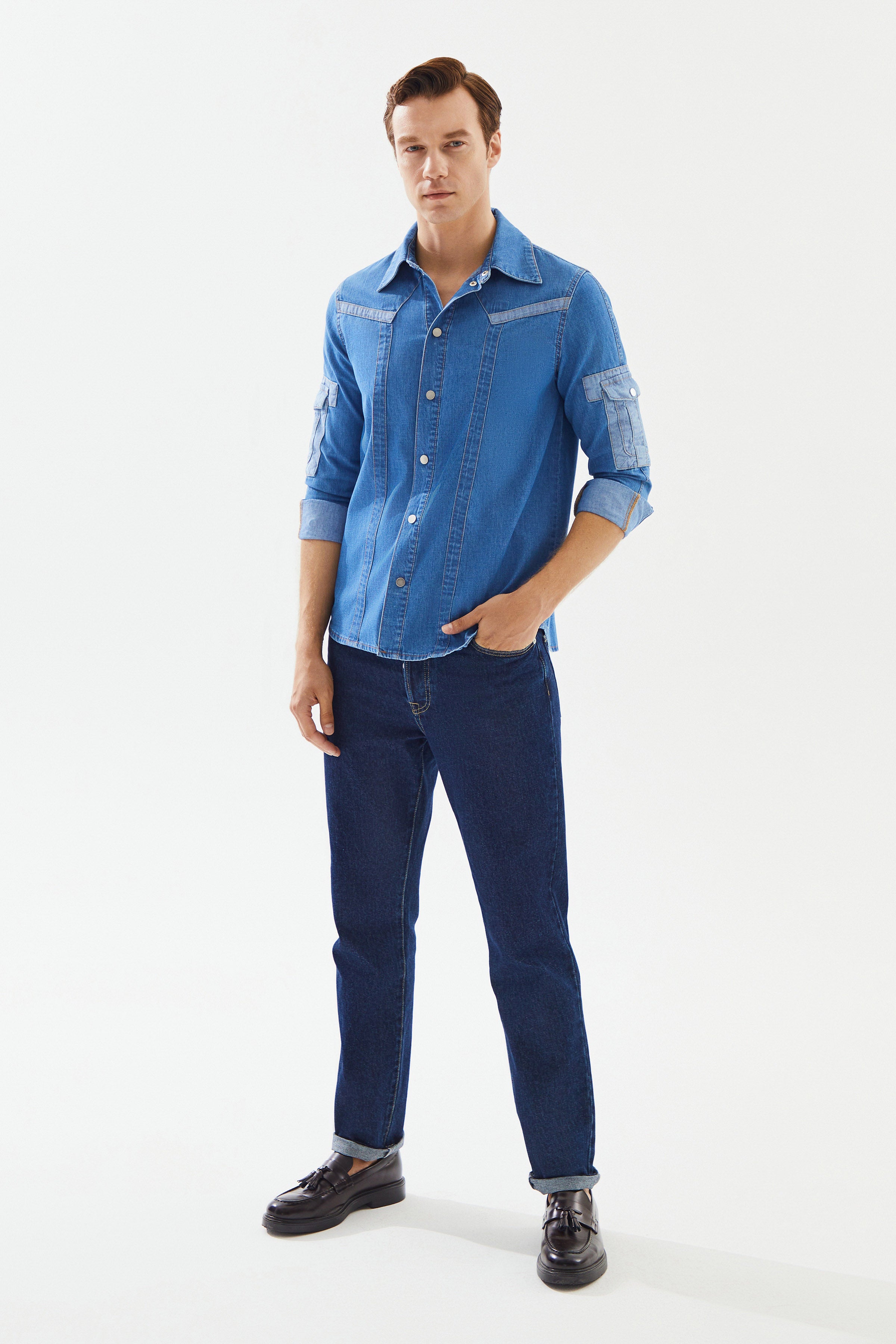 Men's Light Blue Sleeve Pocket Denim Shirt