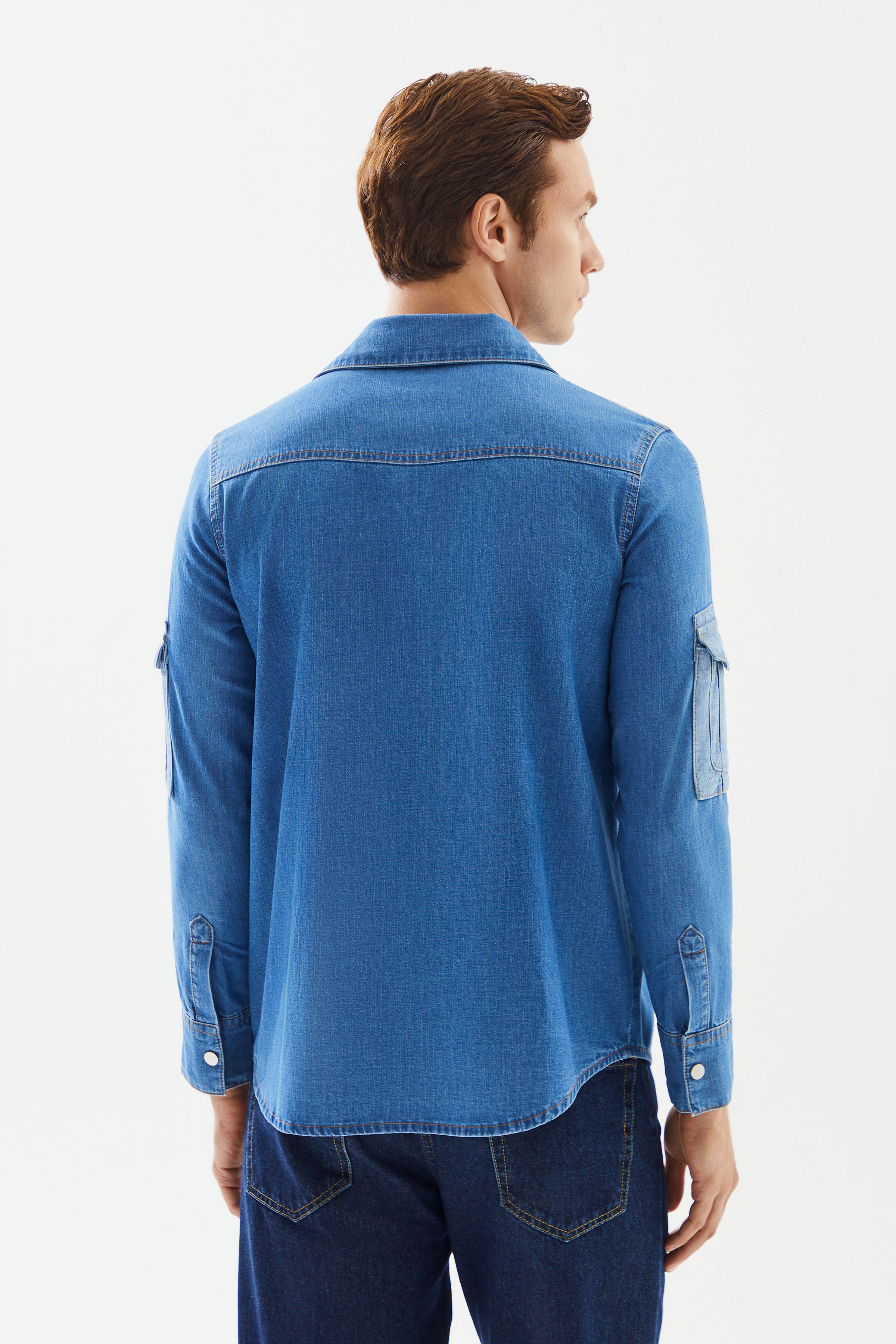 Men's Light Blue Sleeve Pocket Denim Shirt