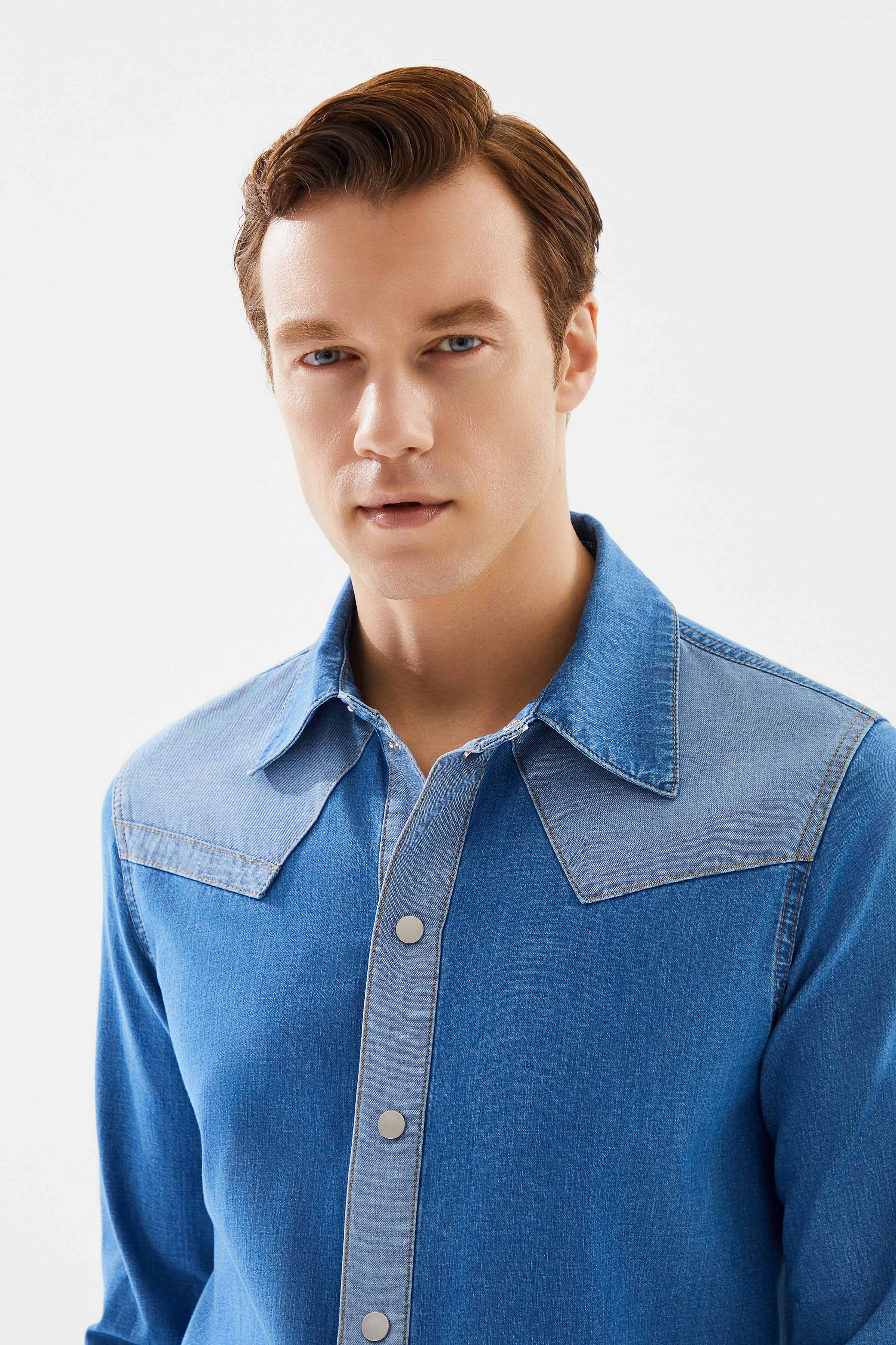 Men's Light Blue Stripe Detailed Denim Shirt