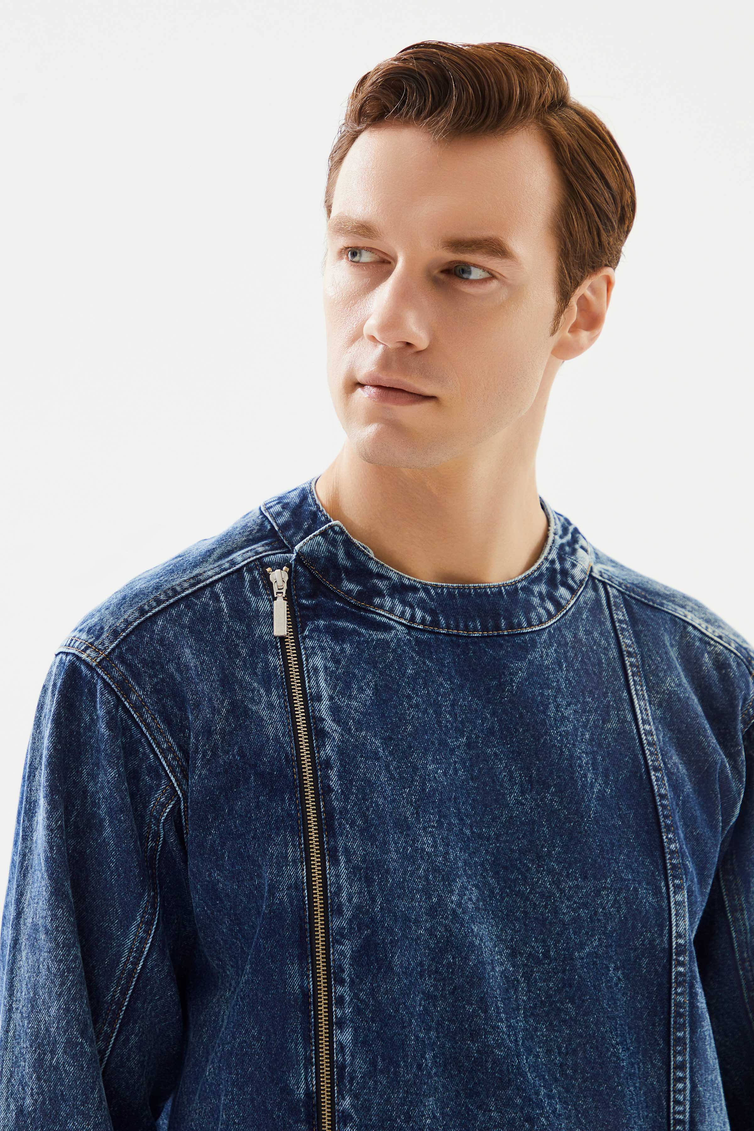Erkek Bisiklet Yakalı Yan Fermuarlı Denim Ceket
