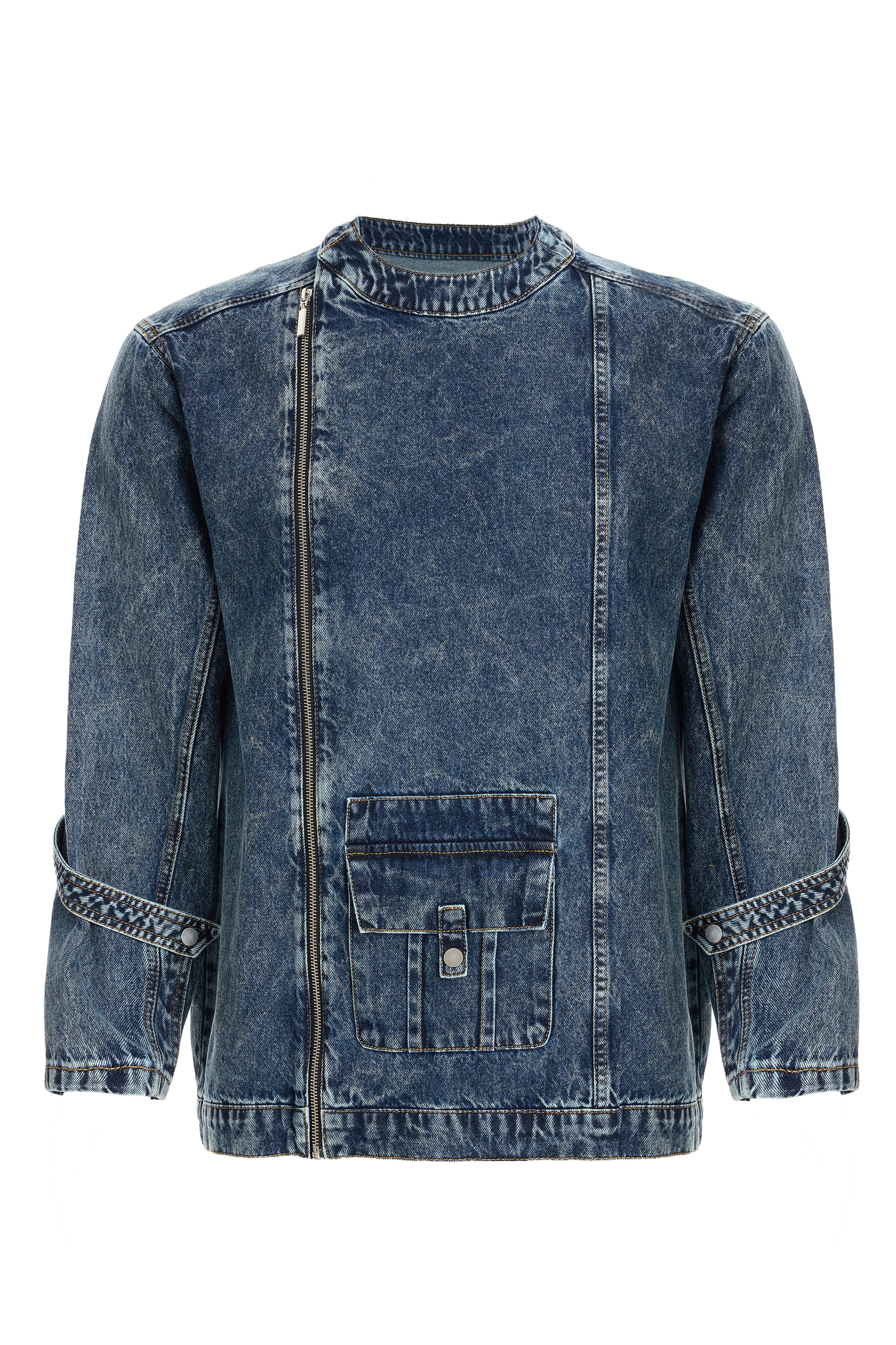Erkek Bisiklet Yakalı Yan Fermuarlı Denim Ceket