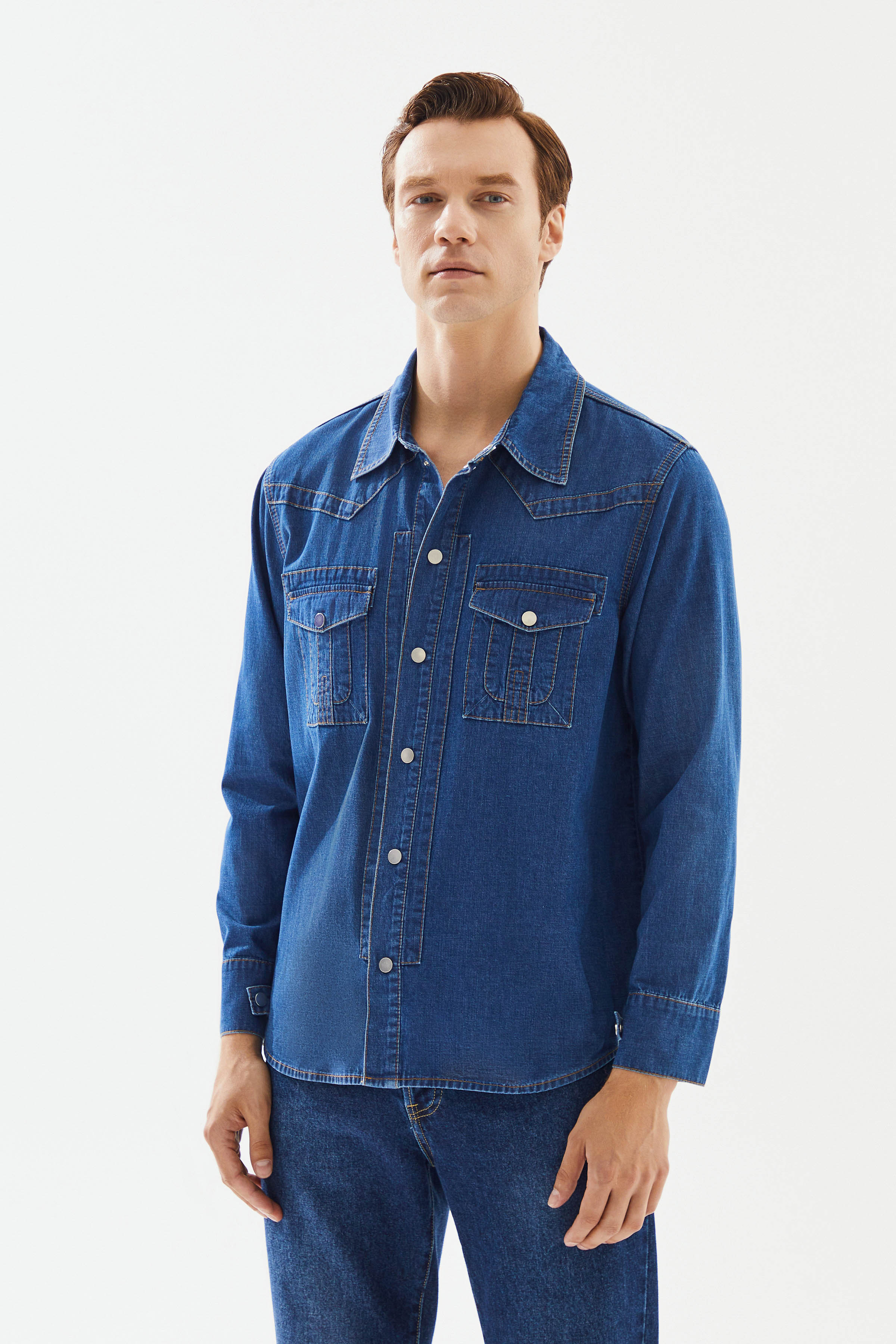 Men's Dark Blue Pocket Denim Shirt