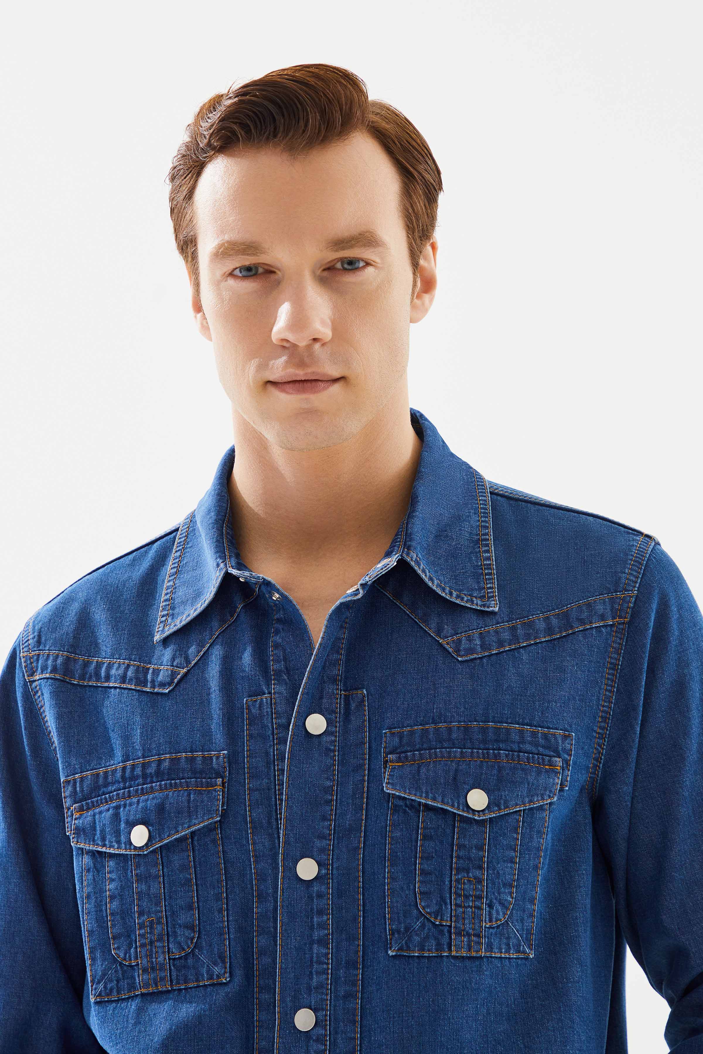 Men's Dark Blue Pocket Denim Shirt
