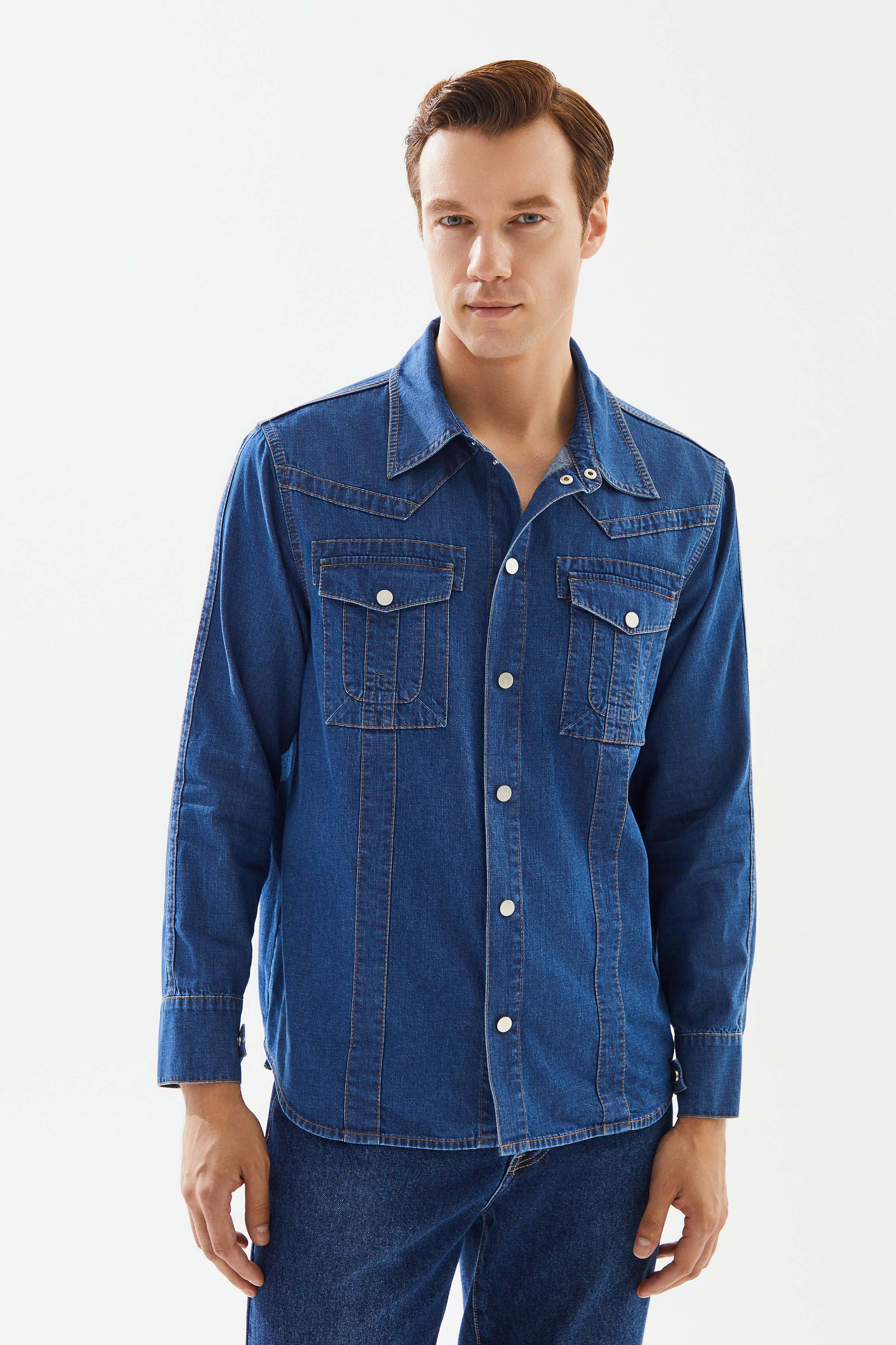 Men's Dark Blue Stripe Detailed Denim Shirt