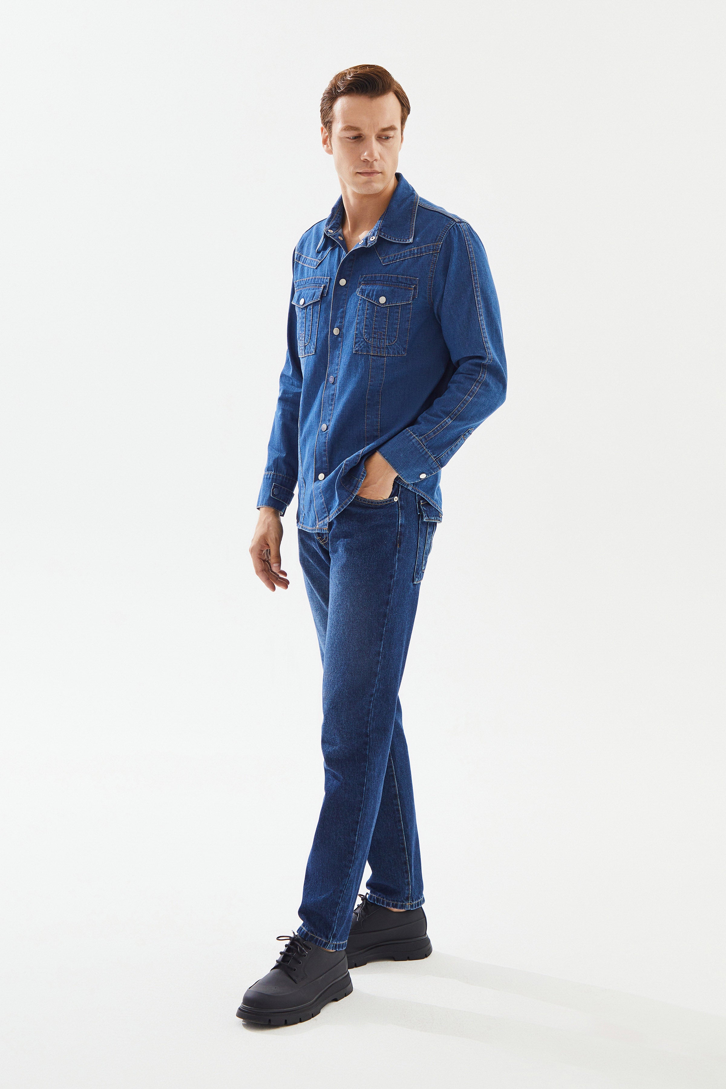 Men's Dark Blue Stripe Detailed Denim Shirt