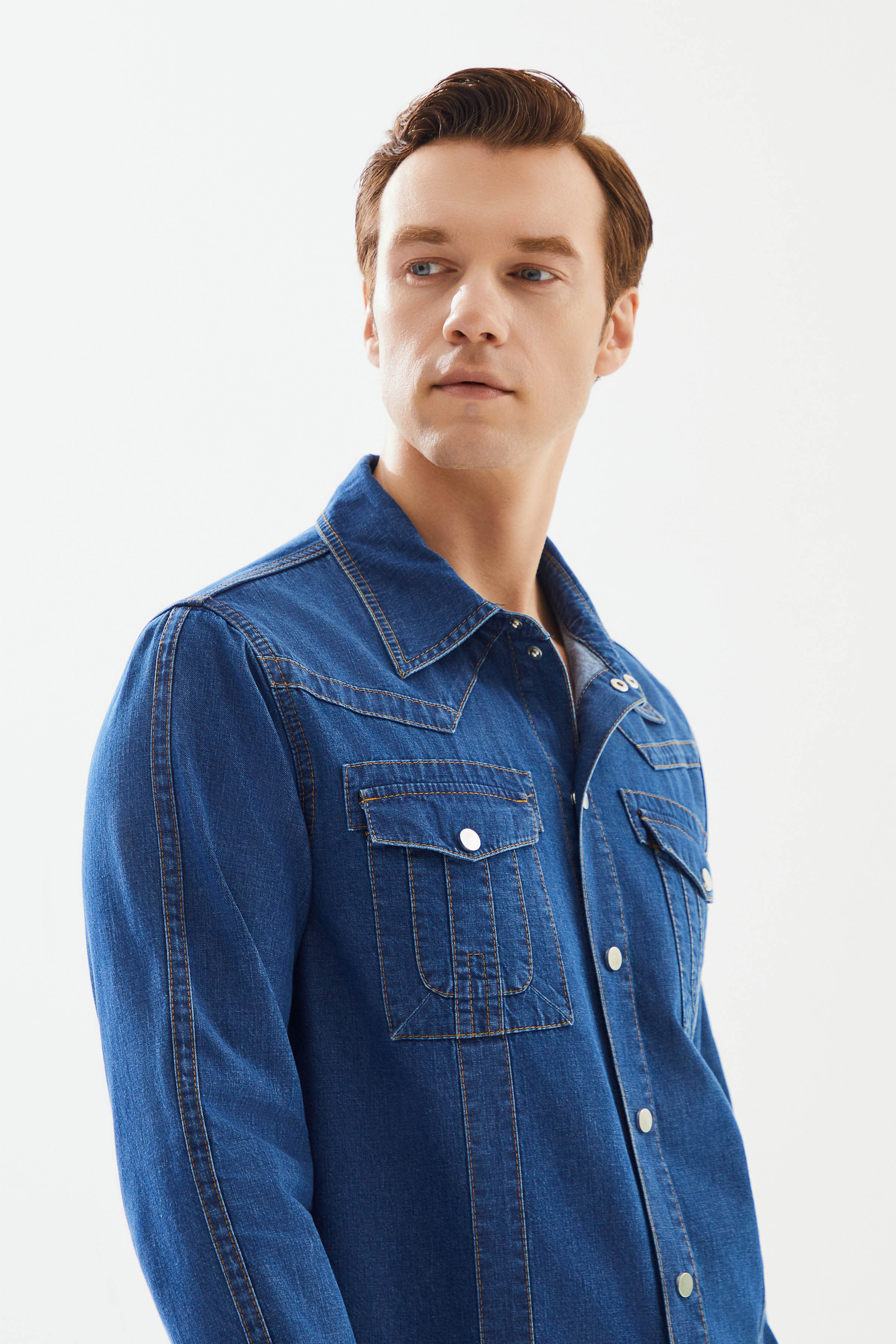 Men's Dark Blue Stripe Detailed Denim Shirt