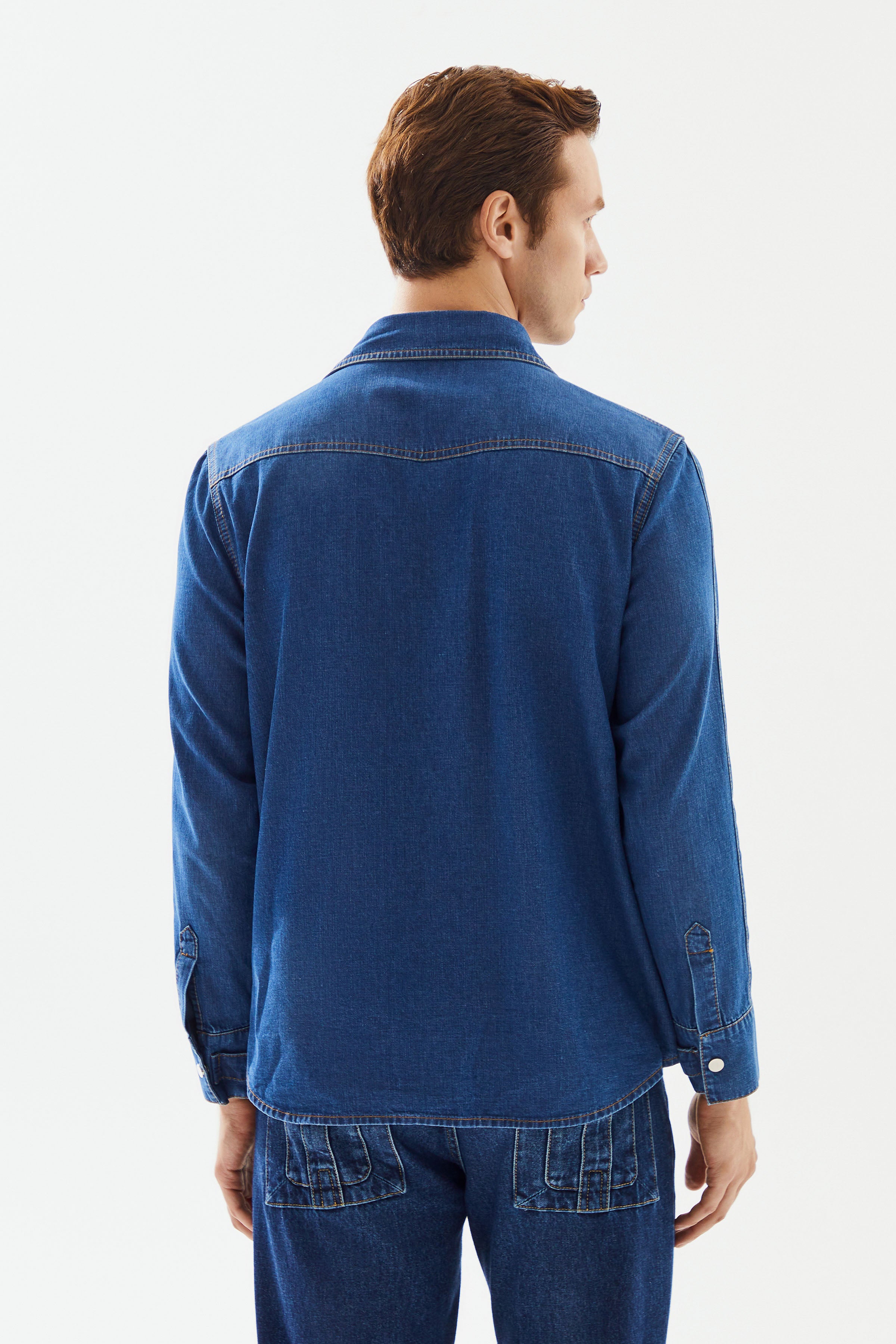 Men's Dark Blue Stripe Detailed Denim Shirt