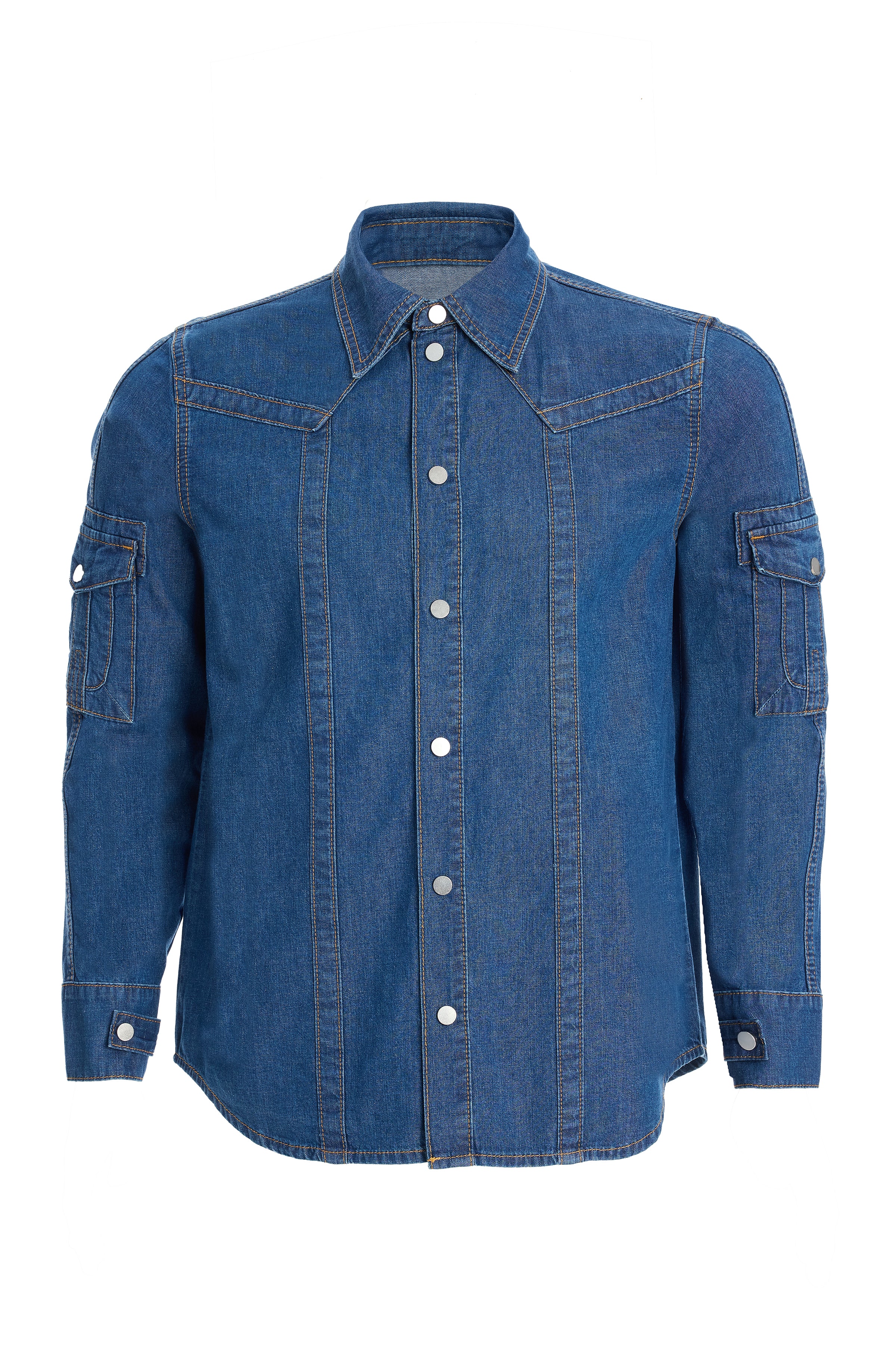 Men's Dark Blue Sleeve Pocket Denim Shirt