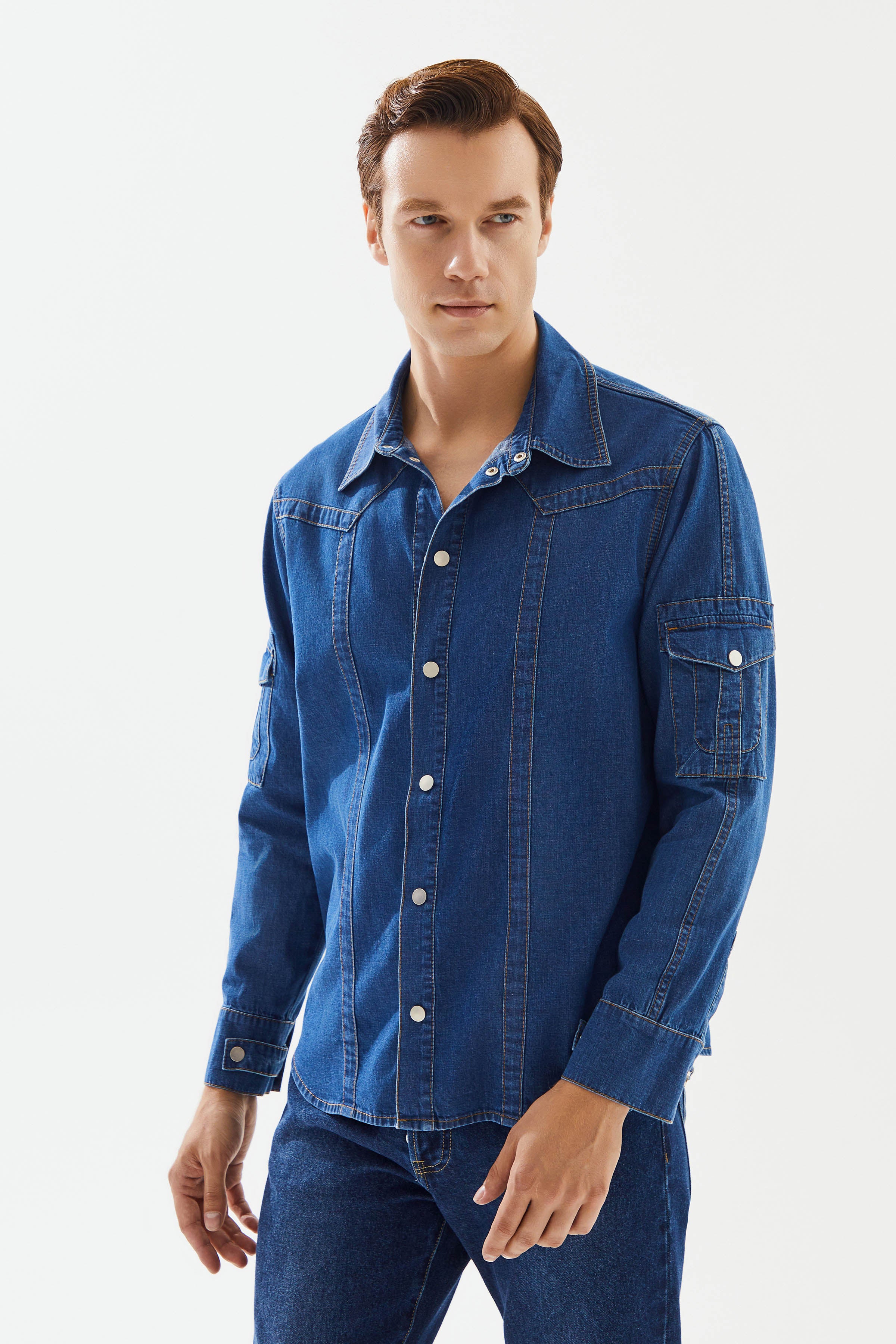 Men's Dark Blue Sleeve Pocket Denim Shirt
