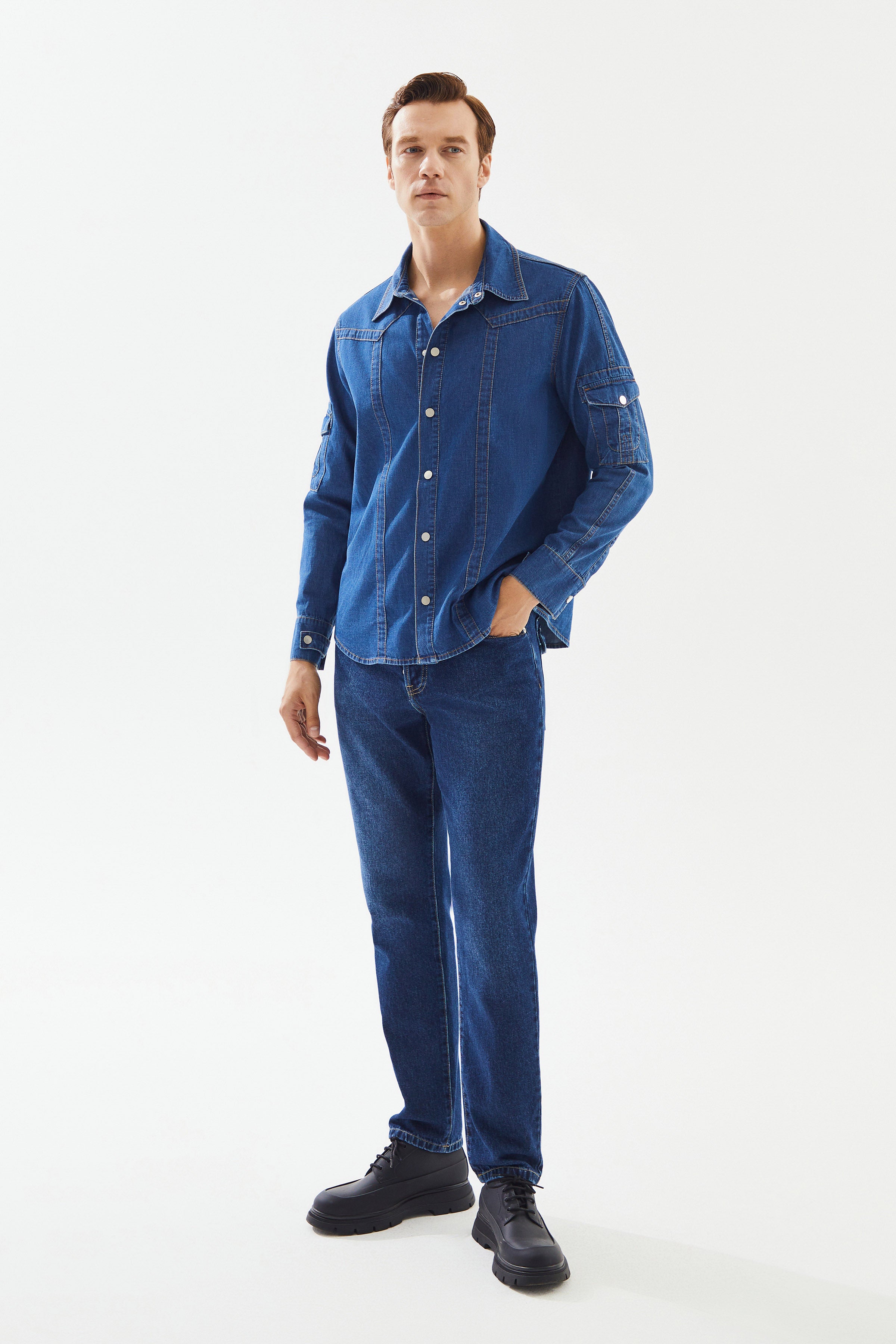 Men's Dark Blue Sleeve Pocket Denim Shirt