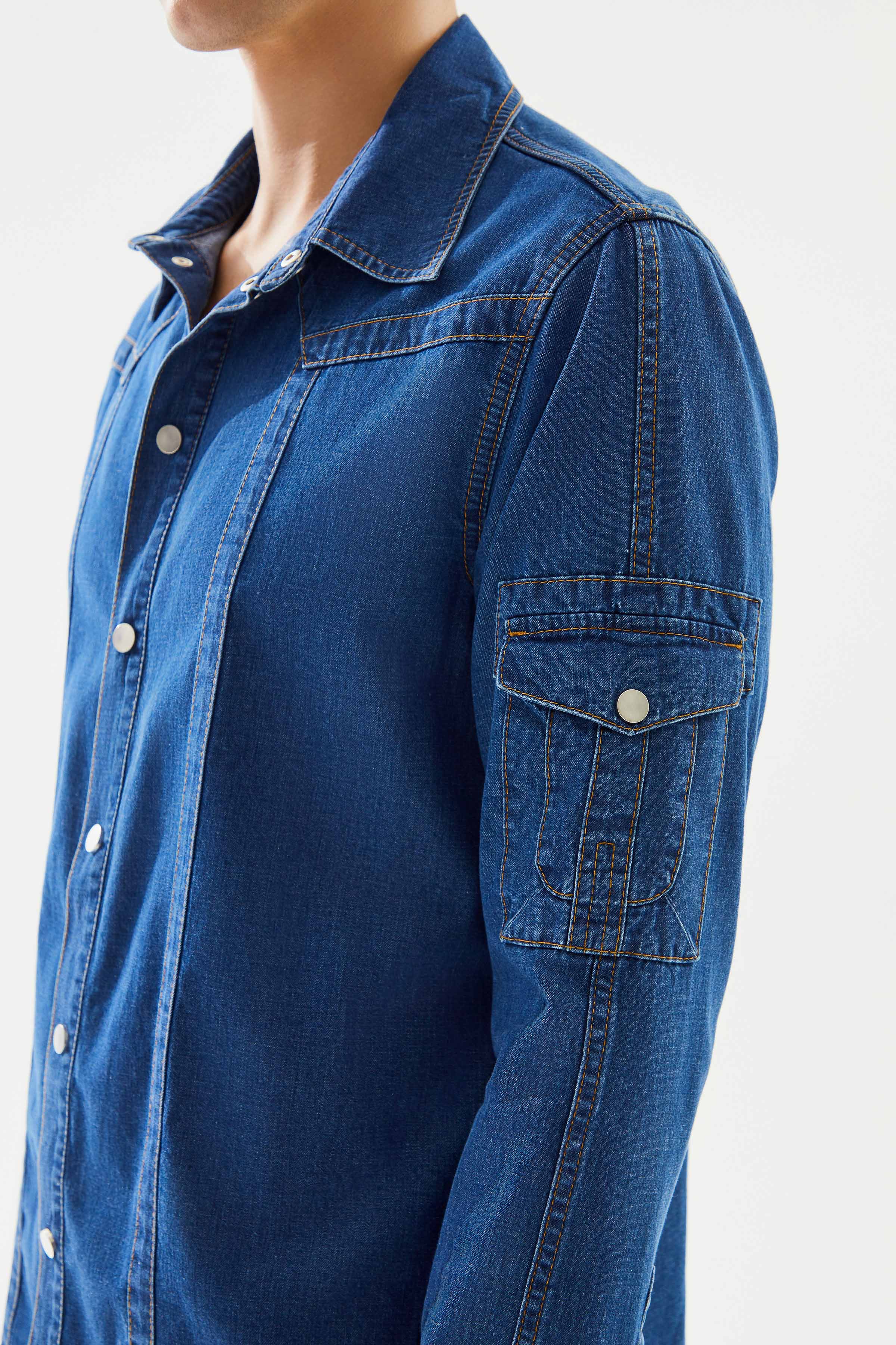 Men's Dark Blue Sleeve Pocket Denim Shirt
