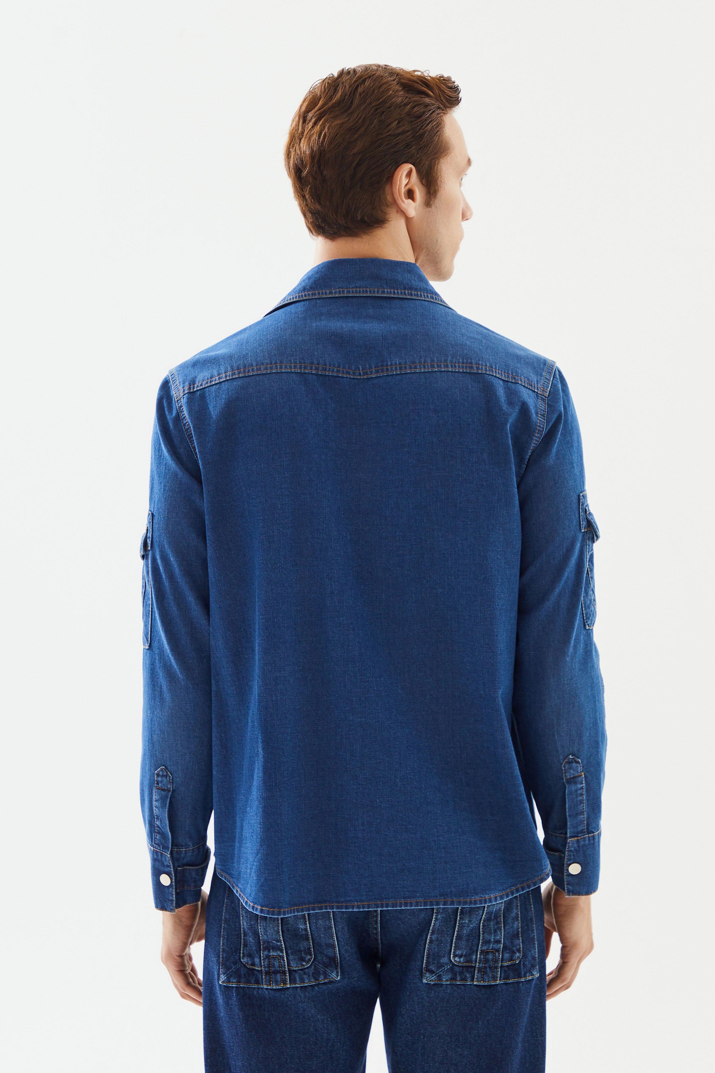 Men's Dark Blue Sleeve Pocket Denim Shirt