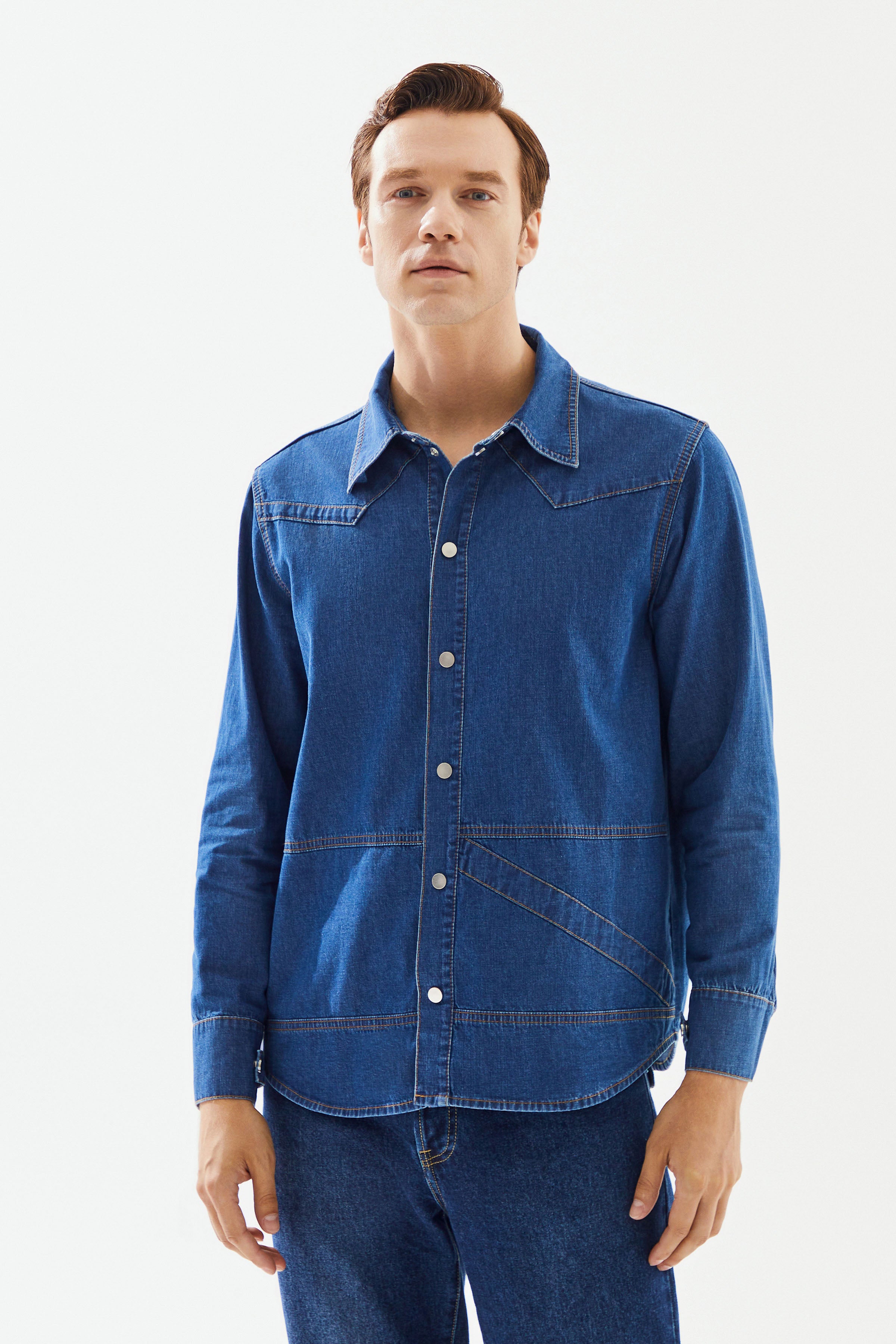 Men's Dark Blue Stripe Detailed Denim Shirt