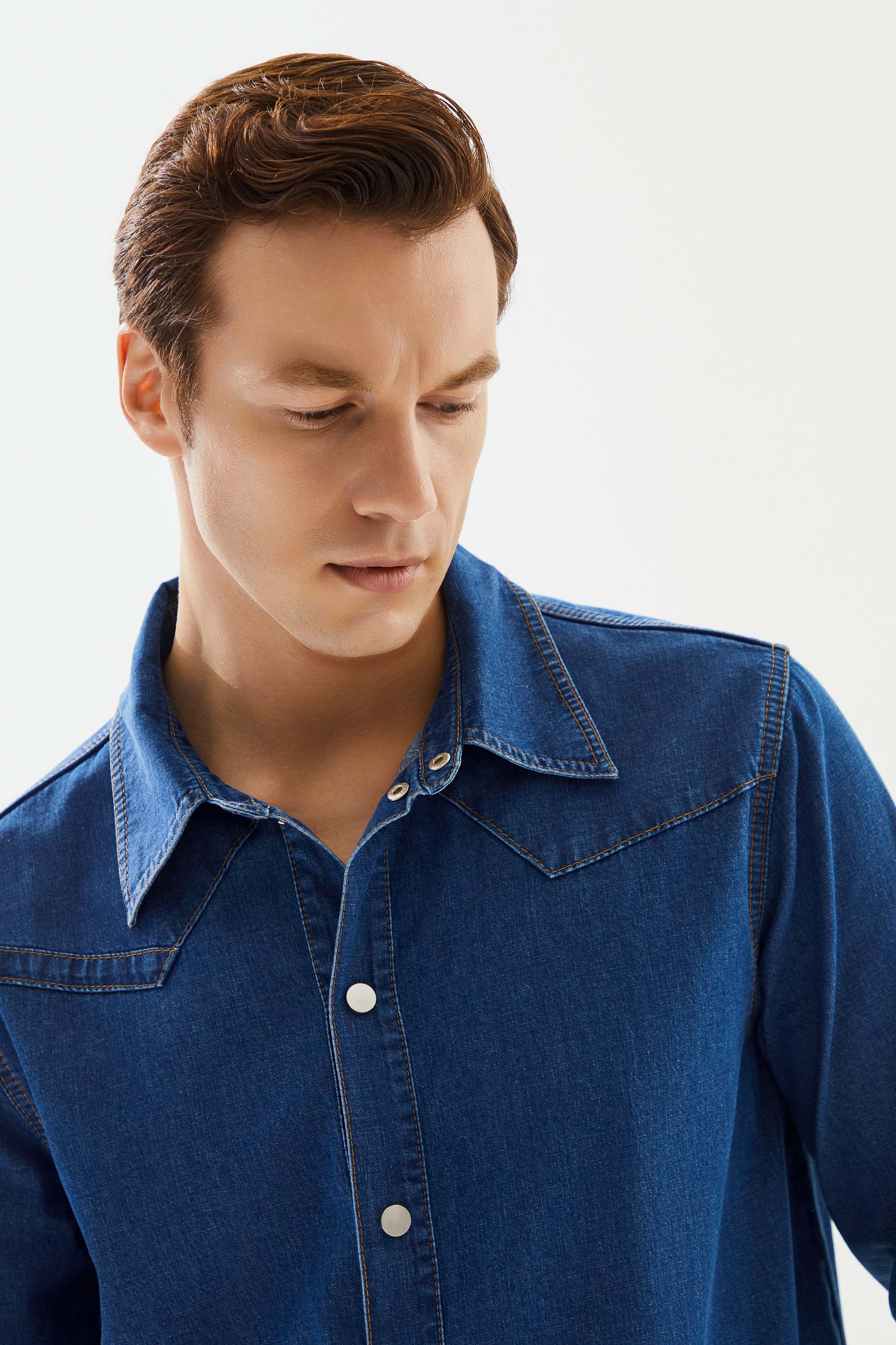 Men's Dark Blue Stripe Detailed Denim Shirt