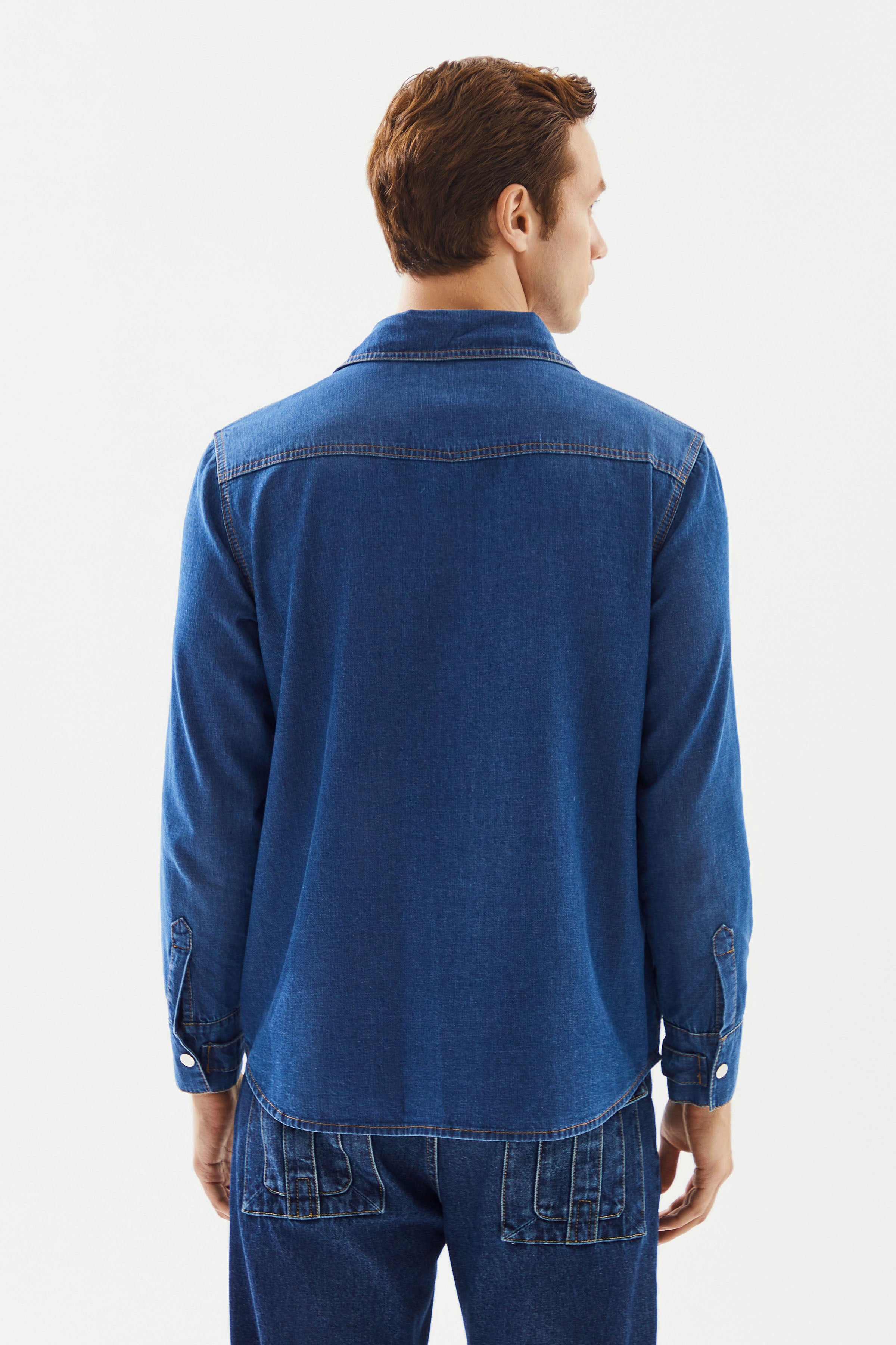 Men's Dark Blue Stripe Detailed Denim Shirt