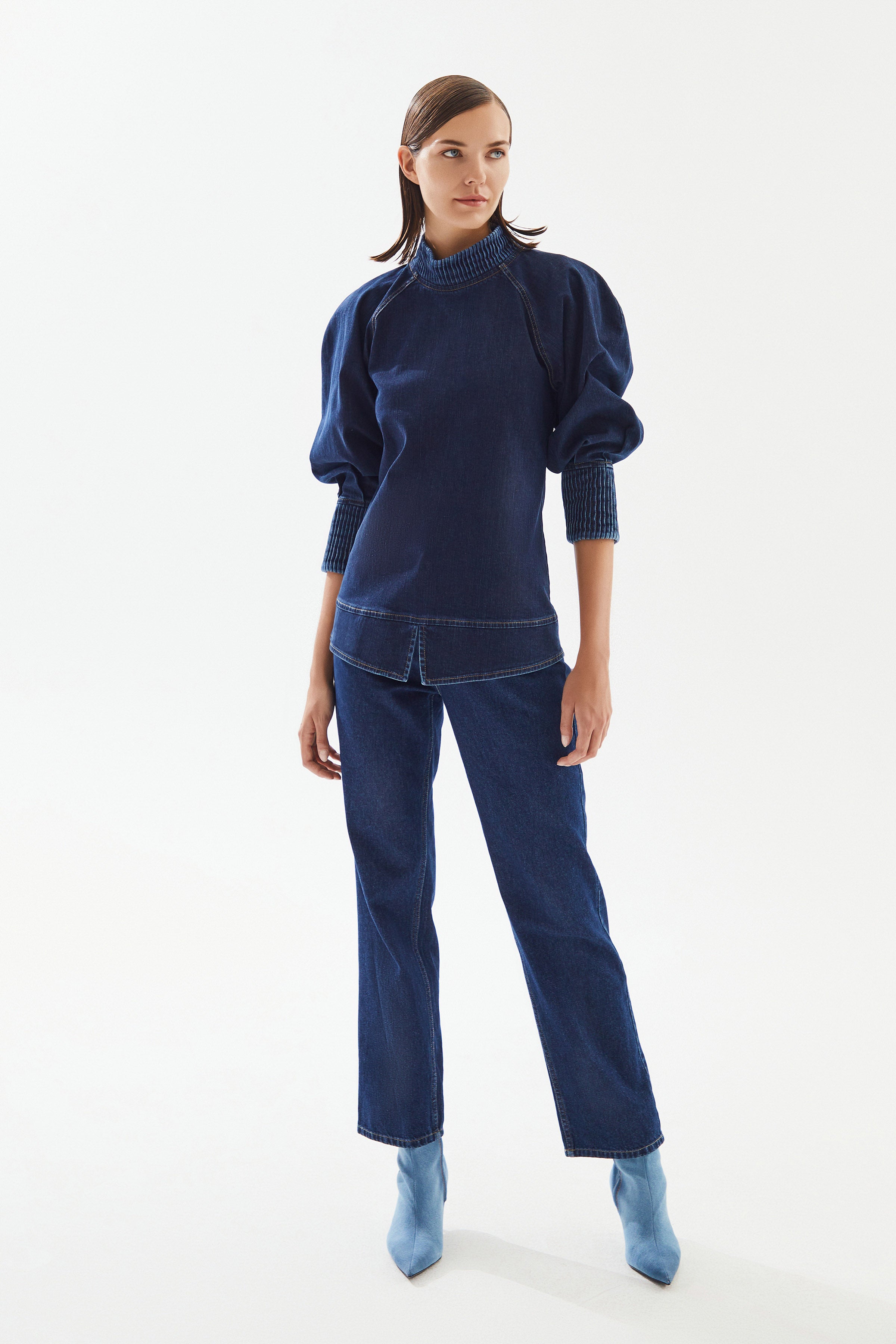 Women's Balloon Sleeve Denim Blouse