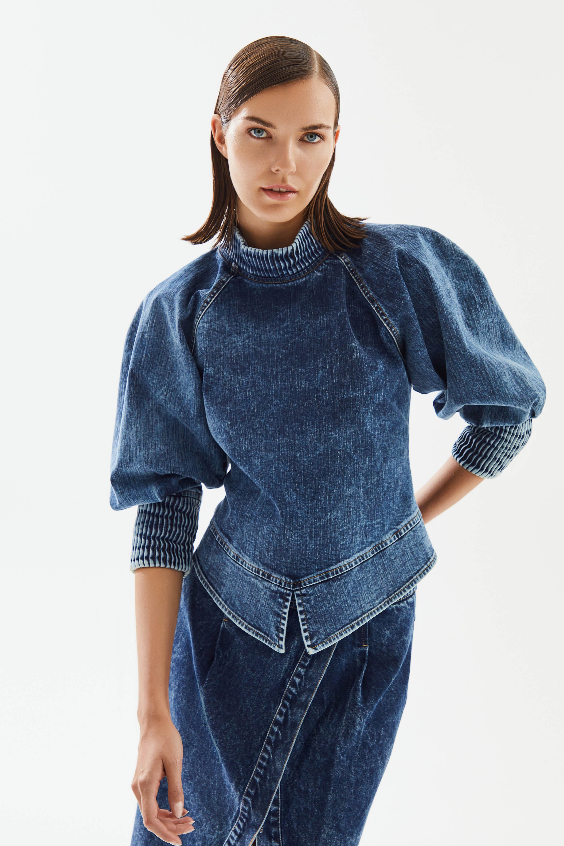 Kadın Balon Kollu Kısa Denim Bluz