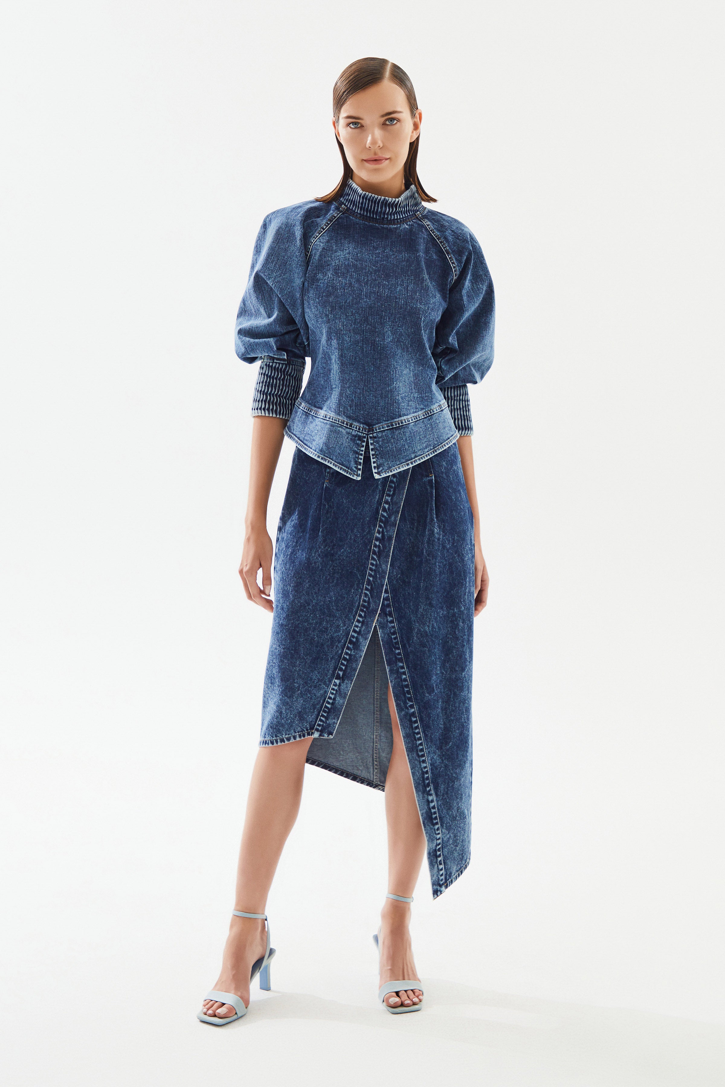 Kadın Balon Kollu Kısa Denim Bluz