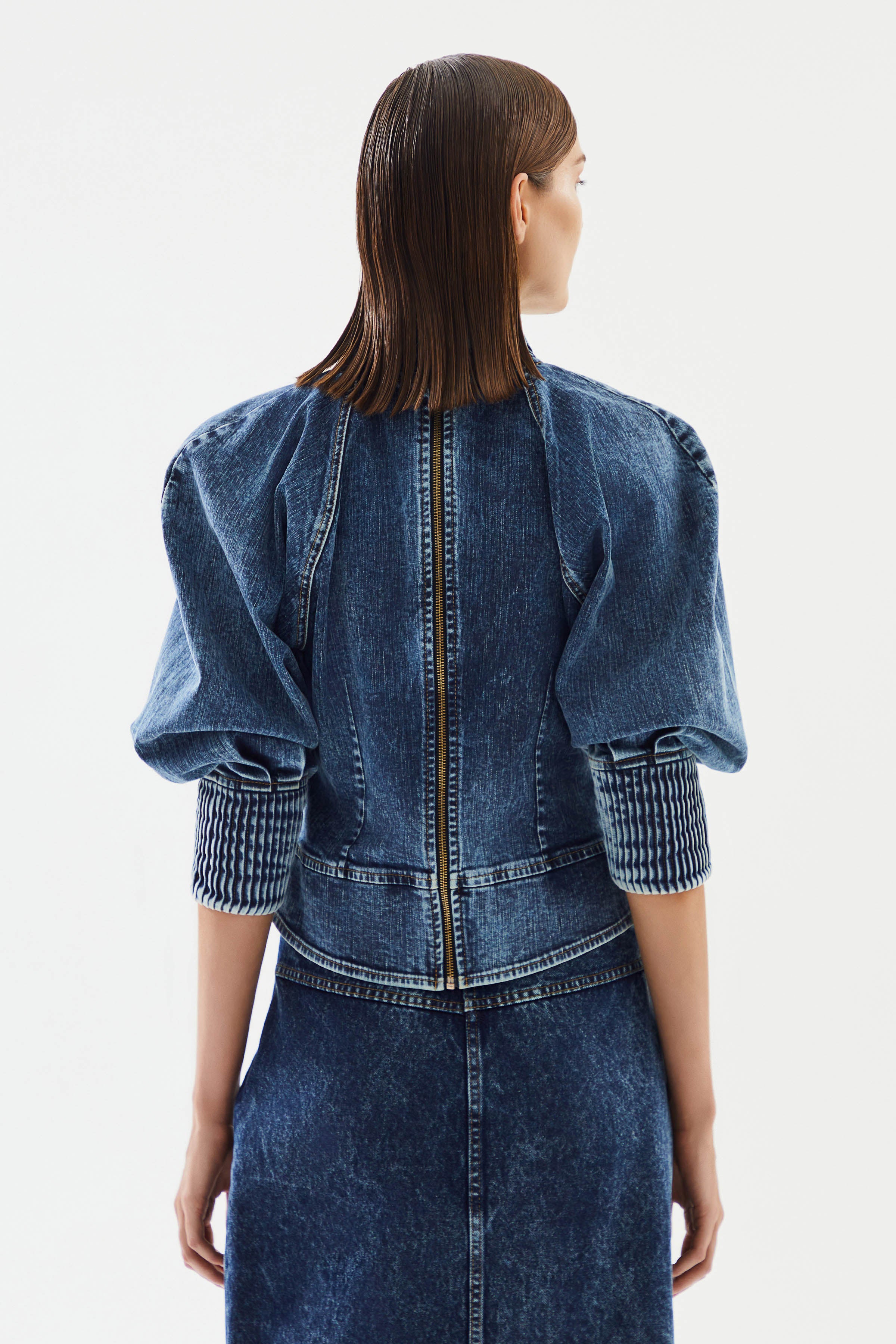 Kadın Balon Kollu Kısa Denim Bluz