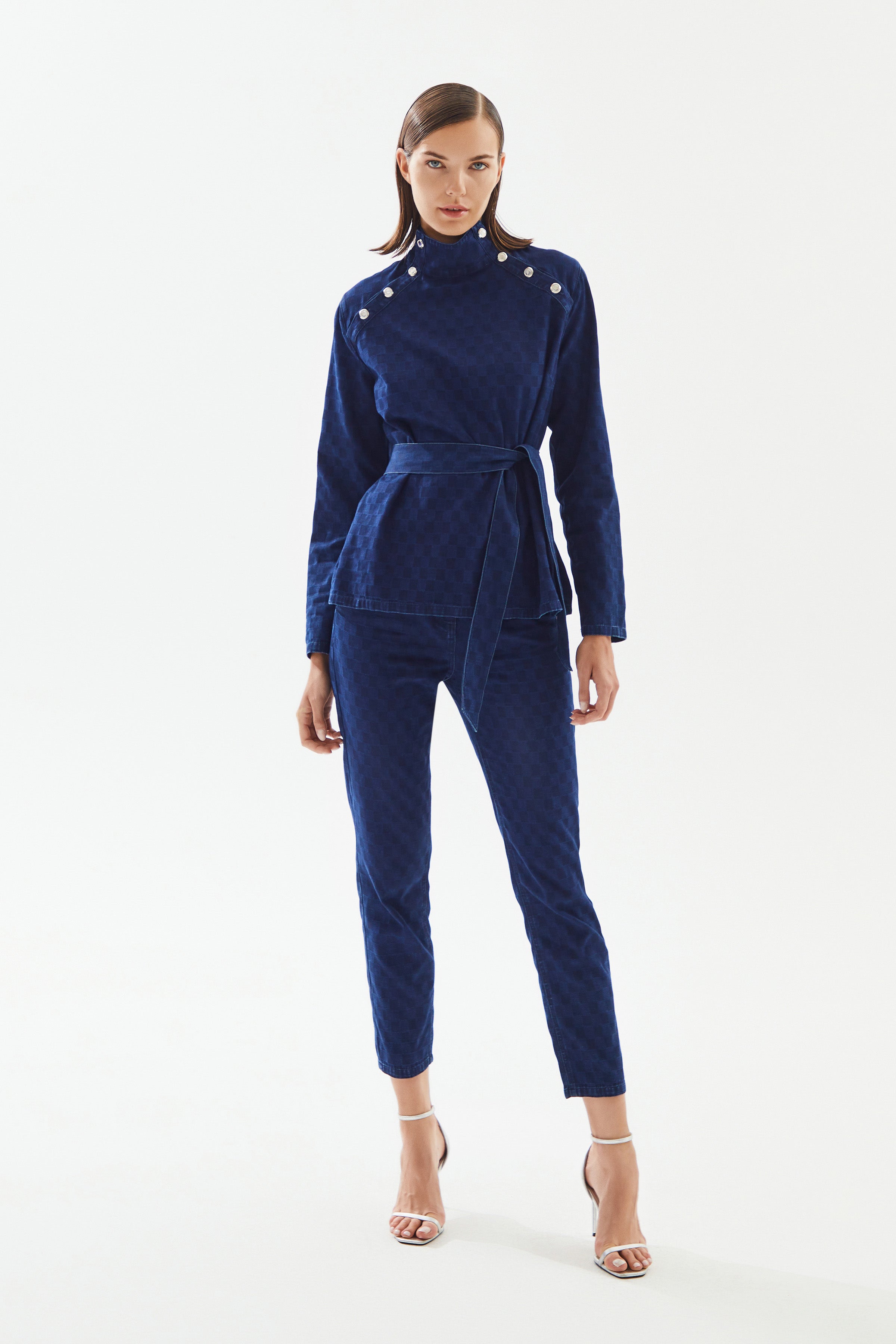 Kadın Boğazlı Damalı Denim Bluz
