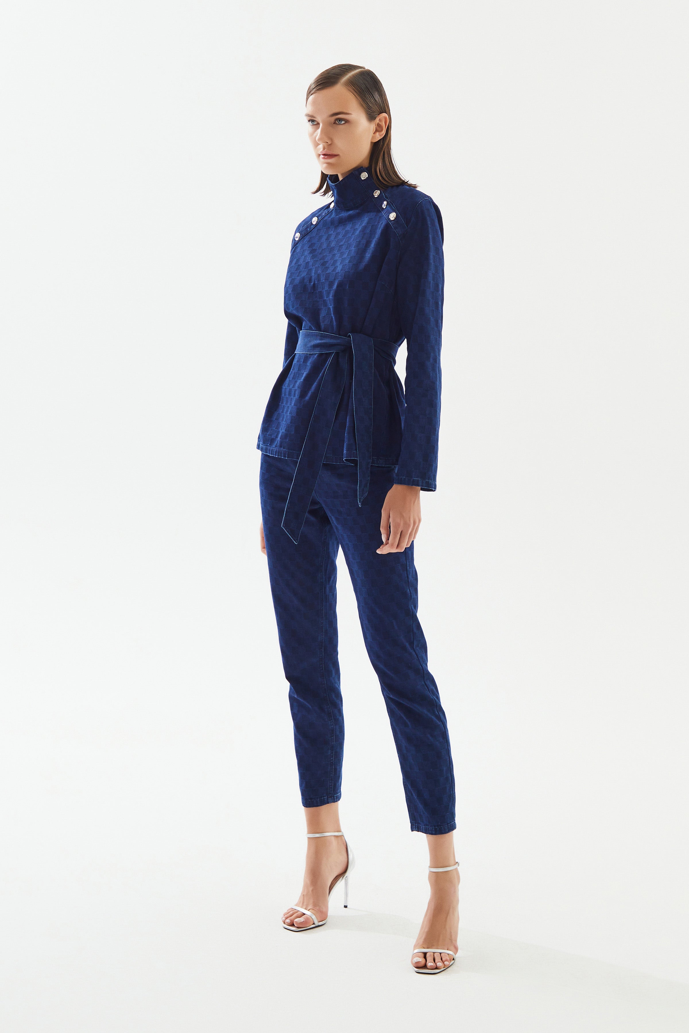 Kadın Boğazlı Damalı Denim Bluz