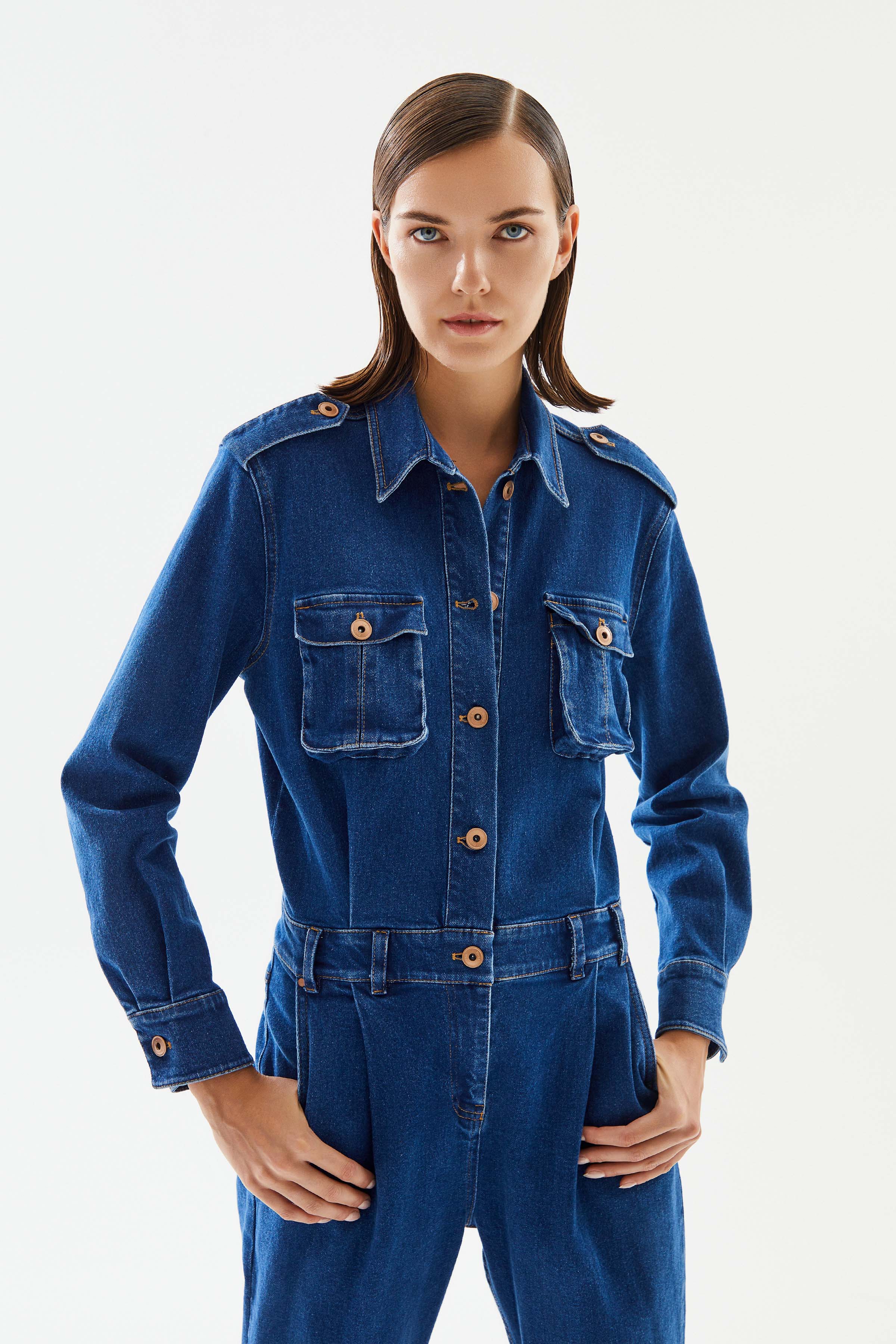 Kadın Cepli Denim Tulum
