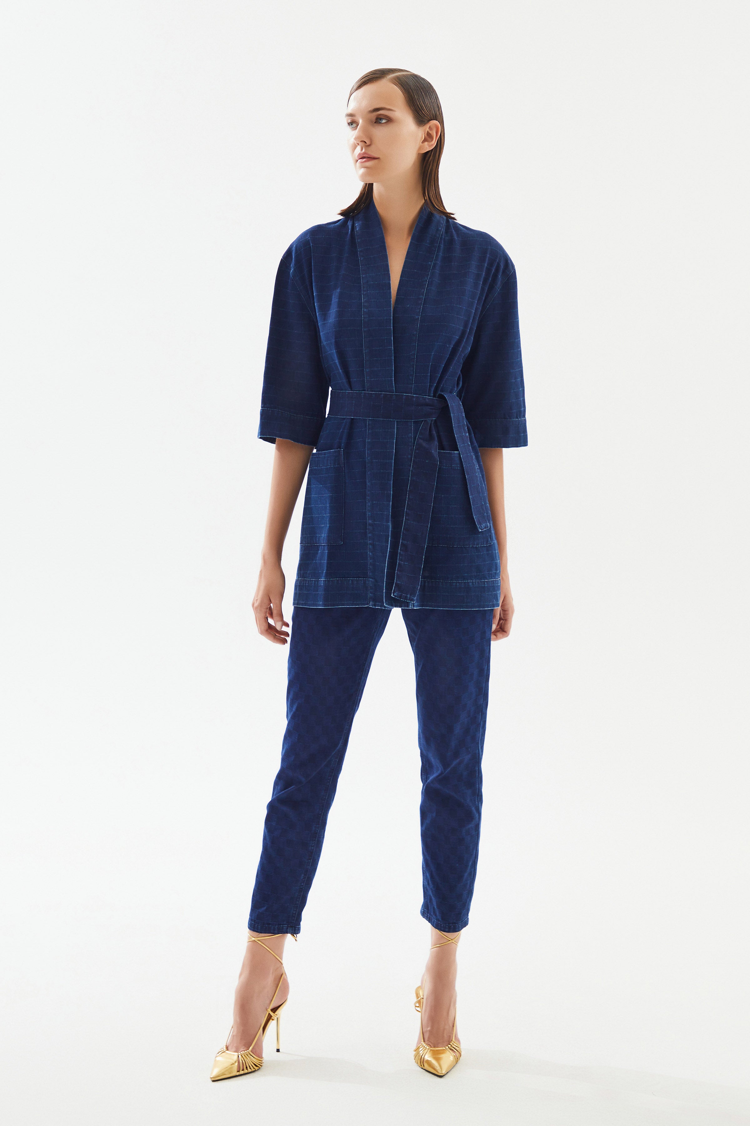 Kadın Damalı Denim Kimono