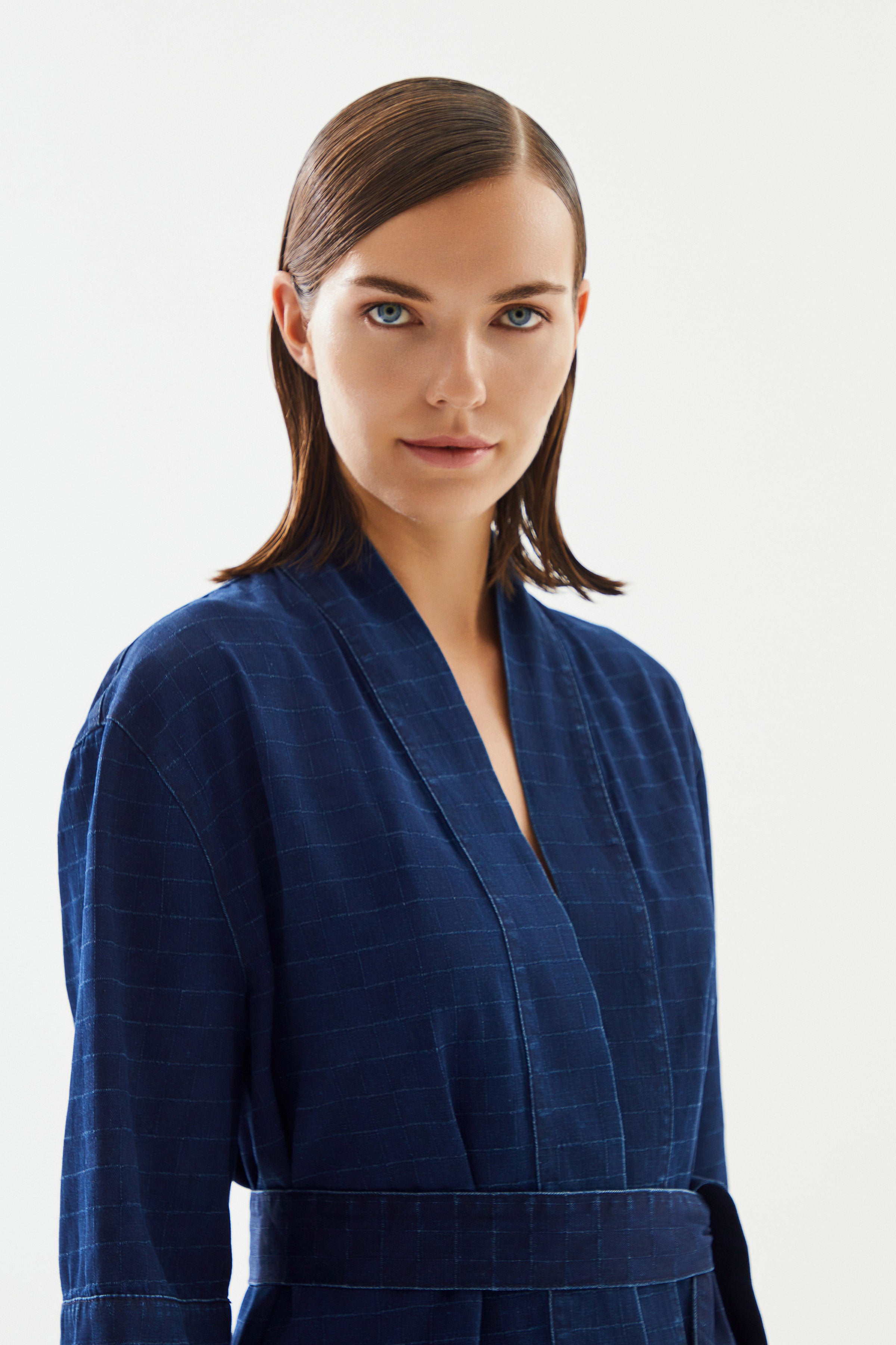 Kadın Damalı Denim Kimono