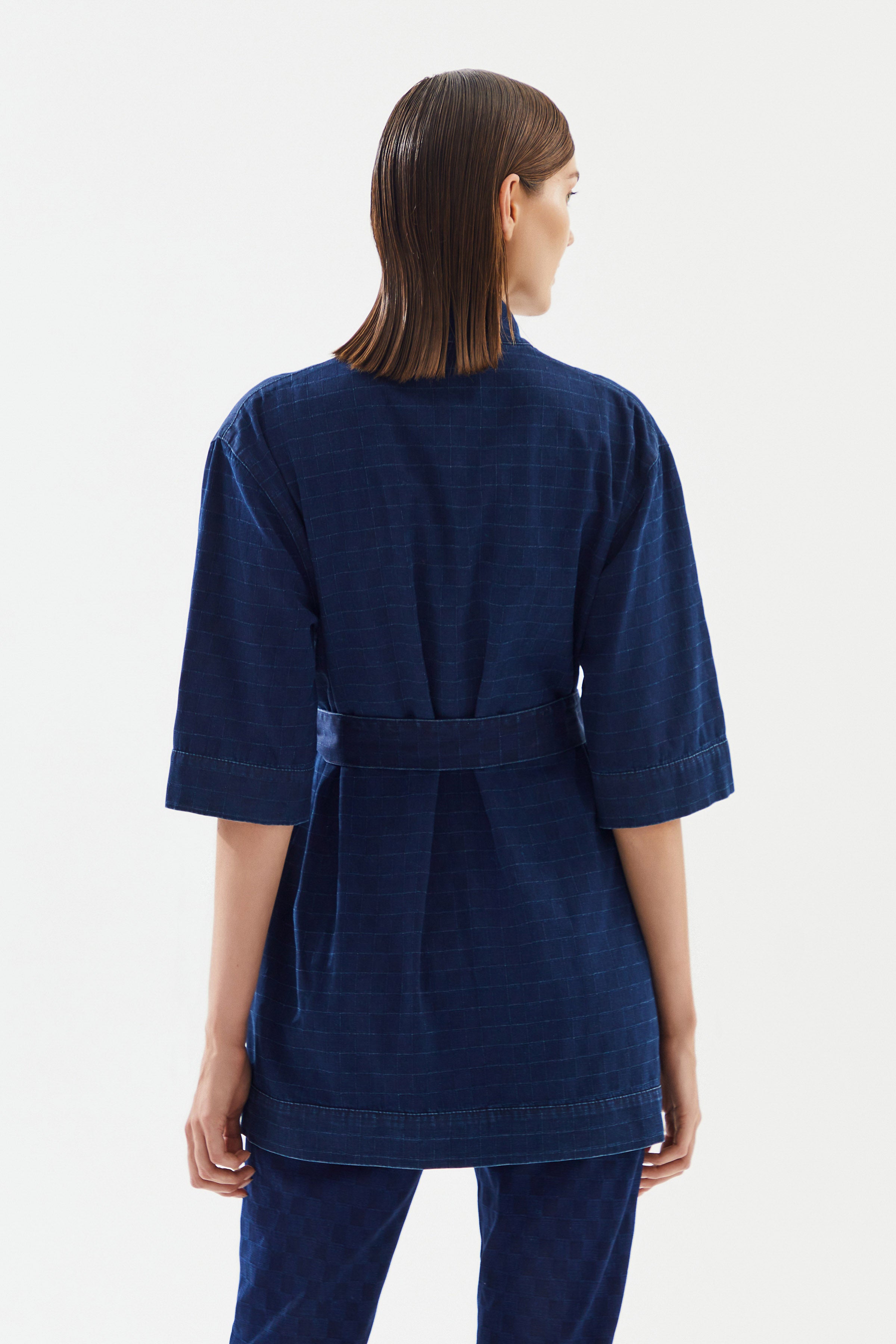 Kadın Damalı Denim Kimono