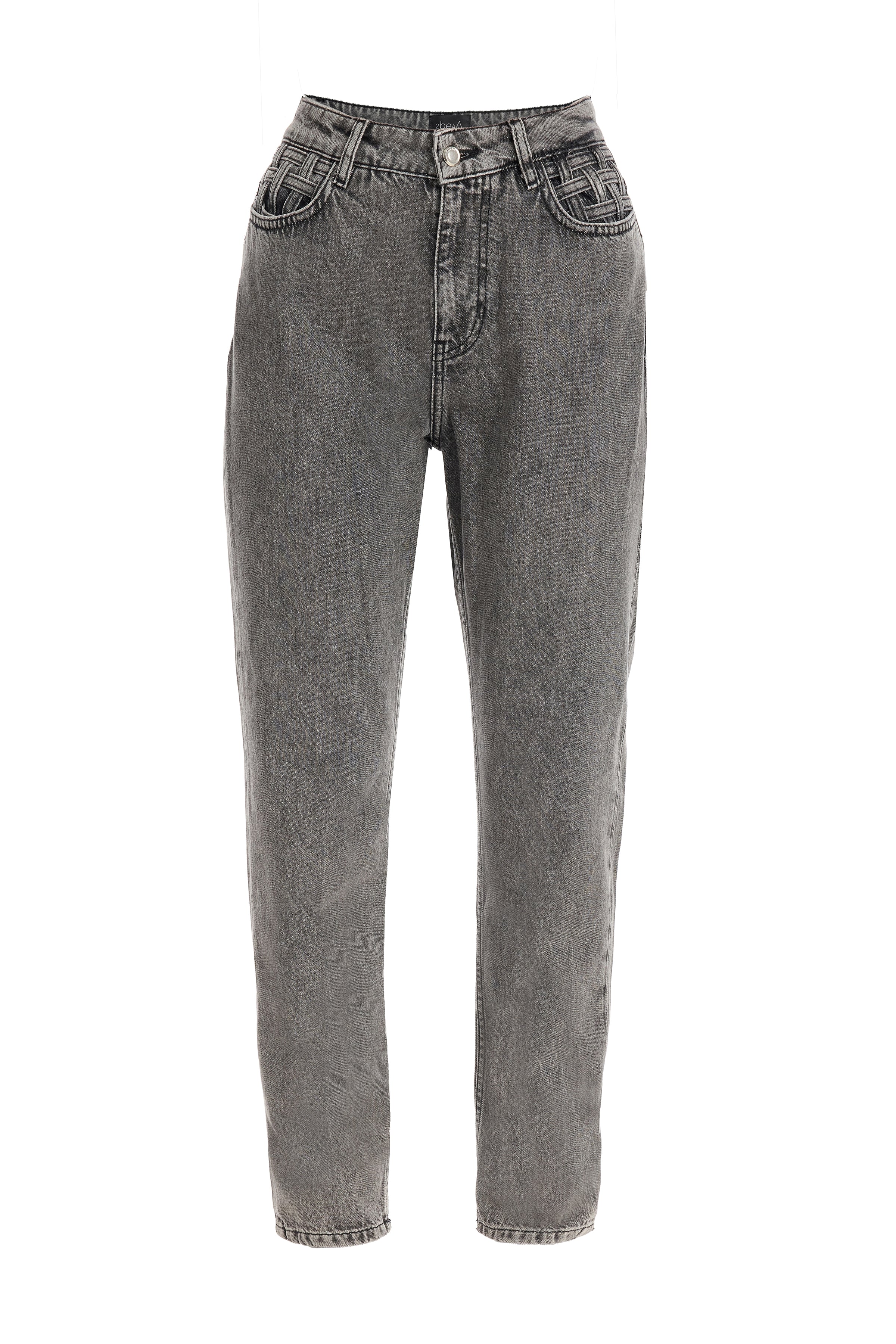 Kadın Gri Örme Detaylı Denim Pantolon
