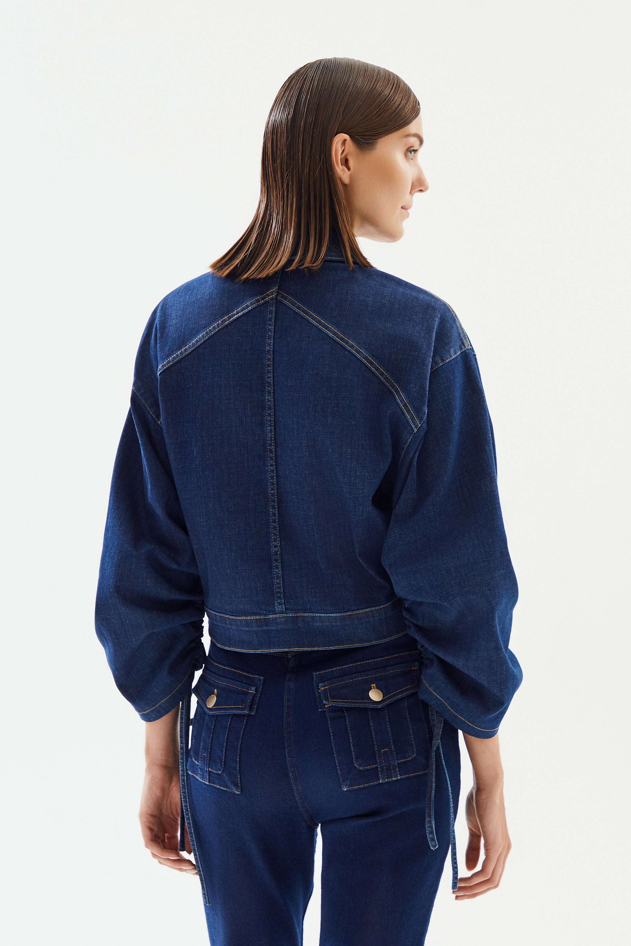 Kadın Kolları Büzgülü Kısa Denim Ceket