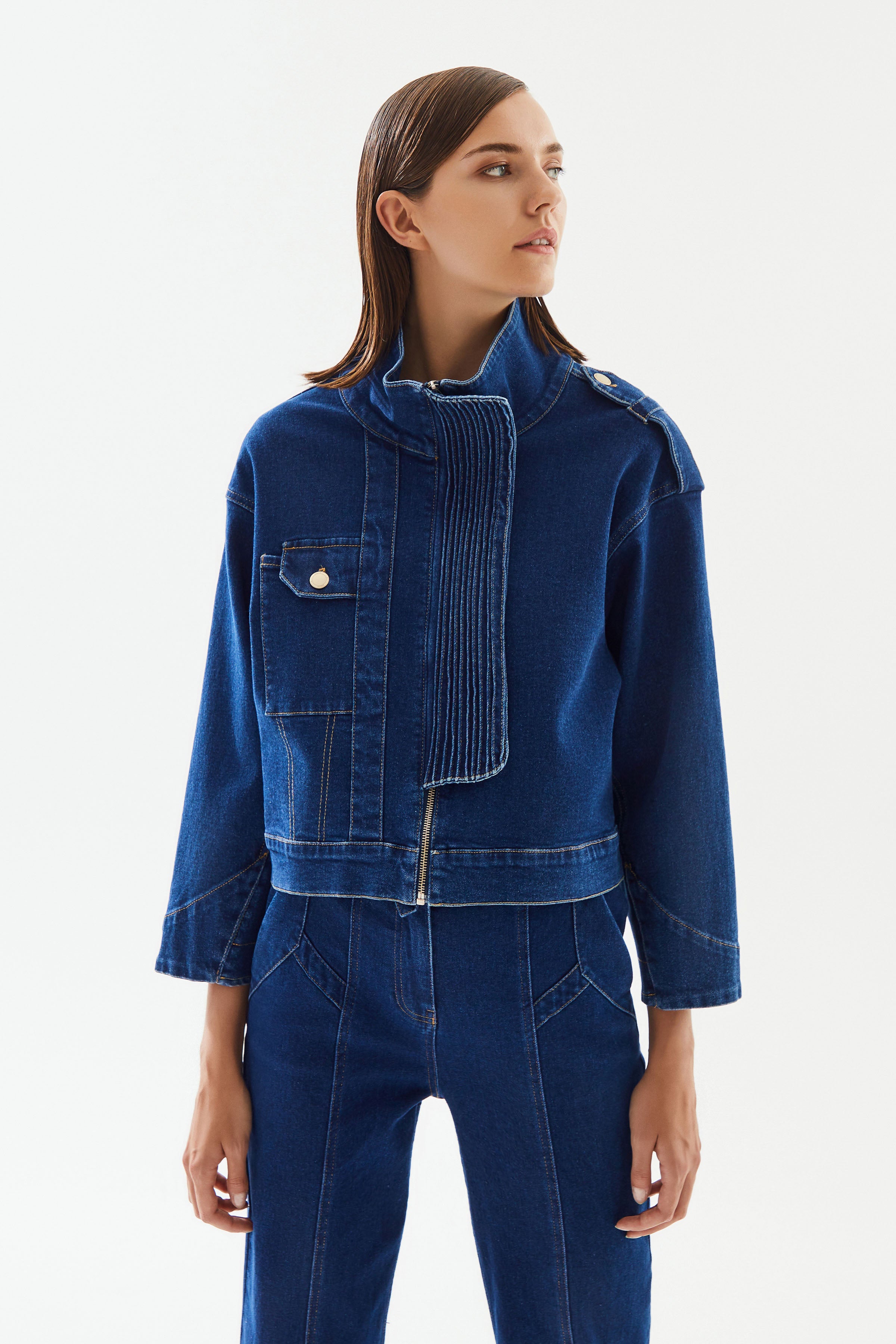 Kadın Yüksek Yaka Denim Ceket