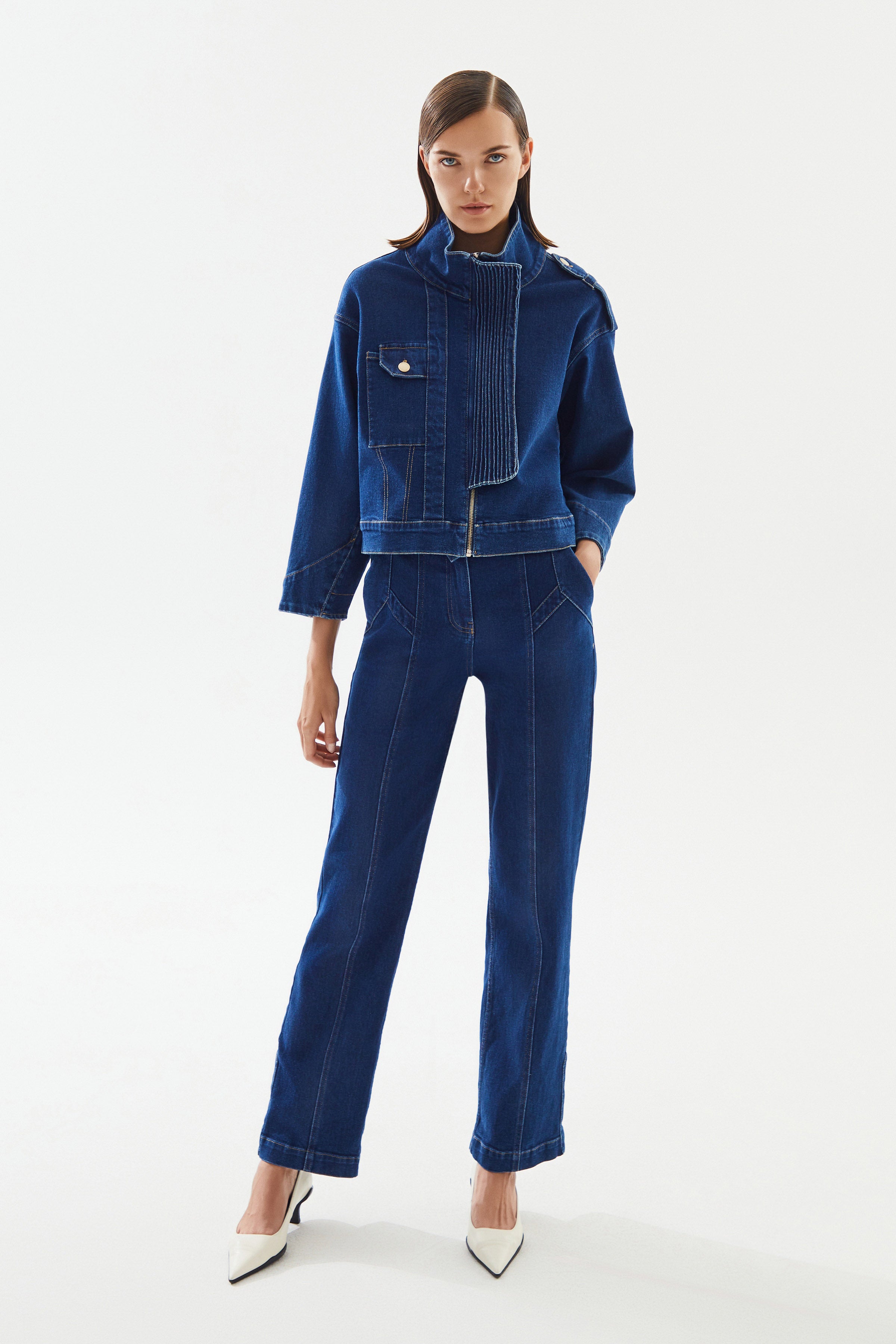 Kadın Yüksek Yaka Denim Ceket